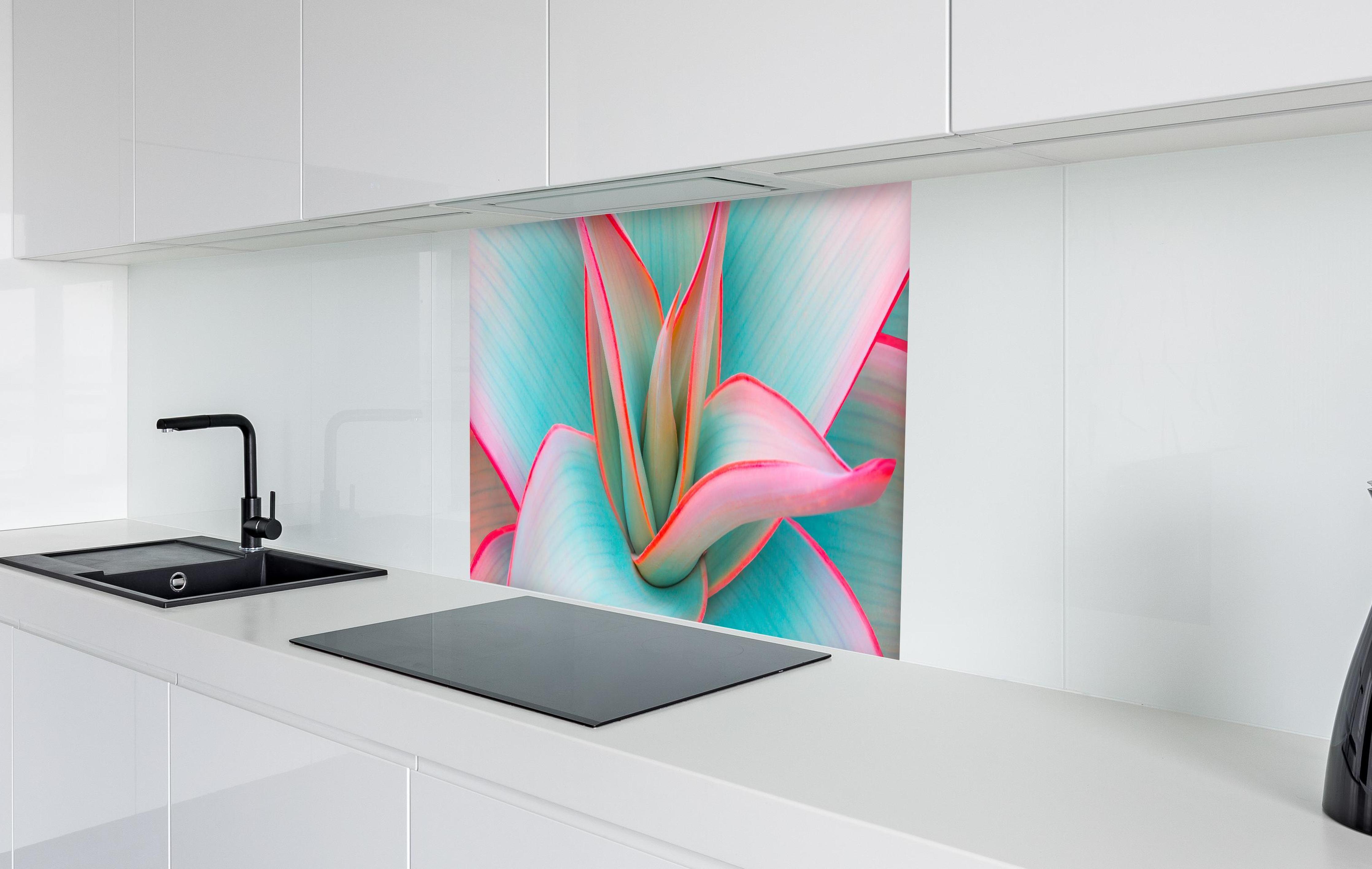 Spritzschutz - Agavenblätter in trendigen Pastellfarben in weißer Hochglanz-Küche hinter einem Cerankochfeld