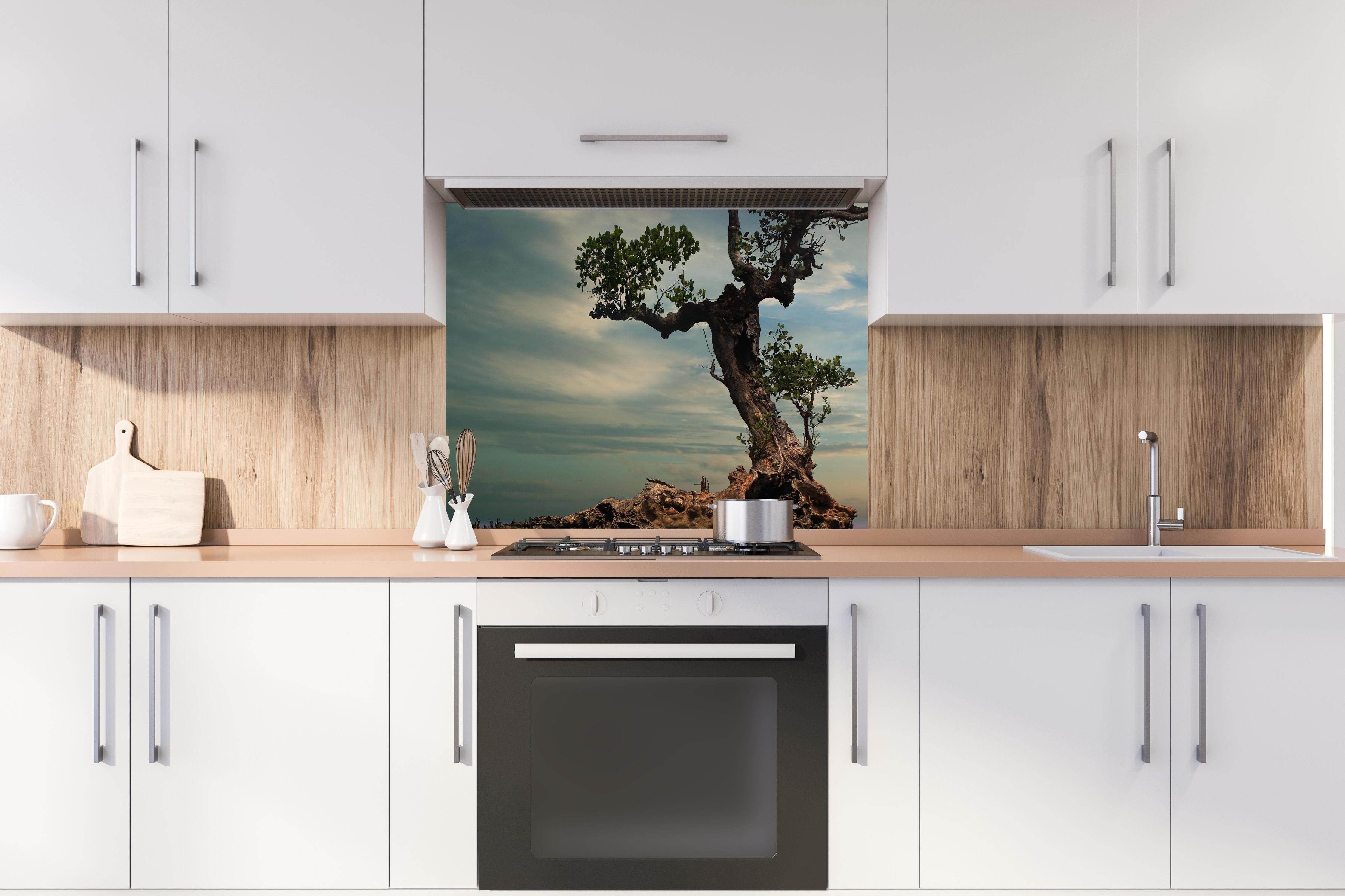 Spritzschutz - Alter Baum am Strand hinter stilvollem Gasherd unter Dunstabzugshaube