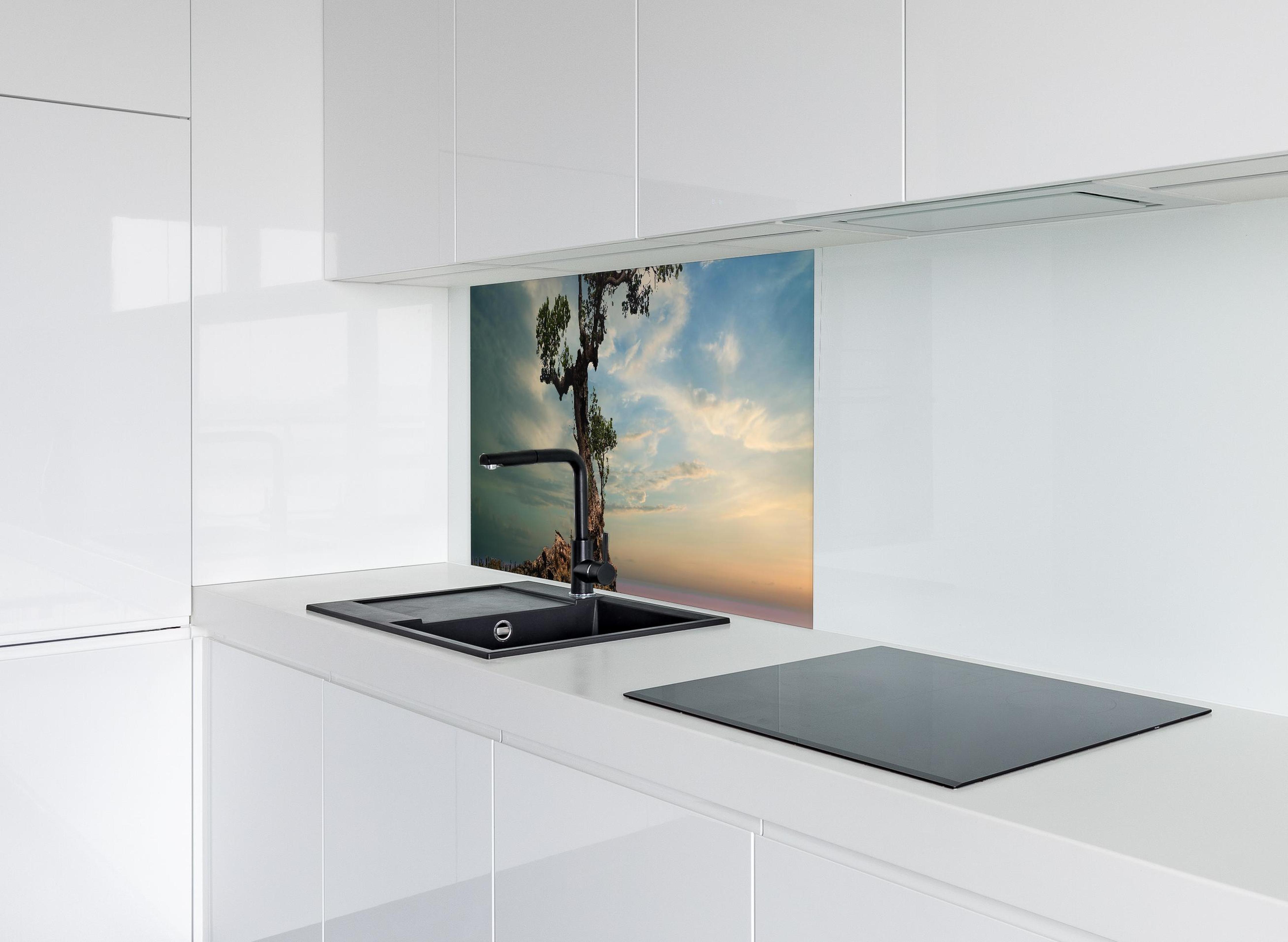 Spritzschutz - Alter Baum am Strand hinter modernem schwarz-matten Spülbecken in weißer Hochglanz-Küche