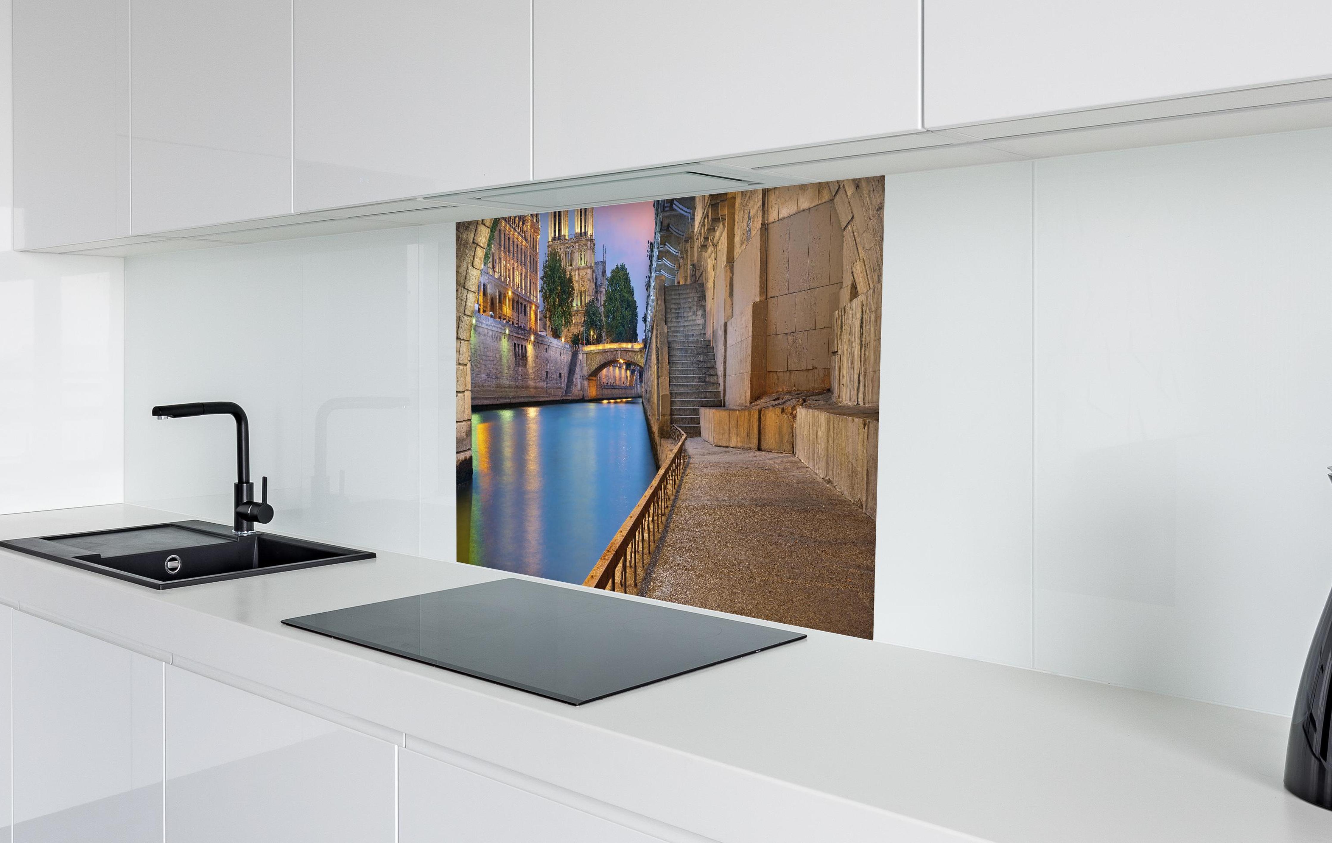 Spritzschutz - Anblick auf Kathedrale Notre-Dame vom Ufer in weißer Hochglanz-Küche hinter einem Cerankochfeld