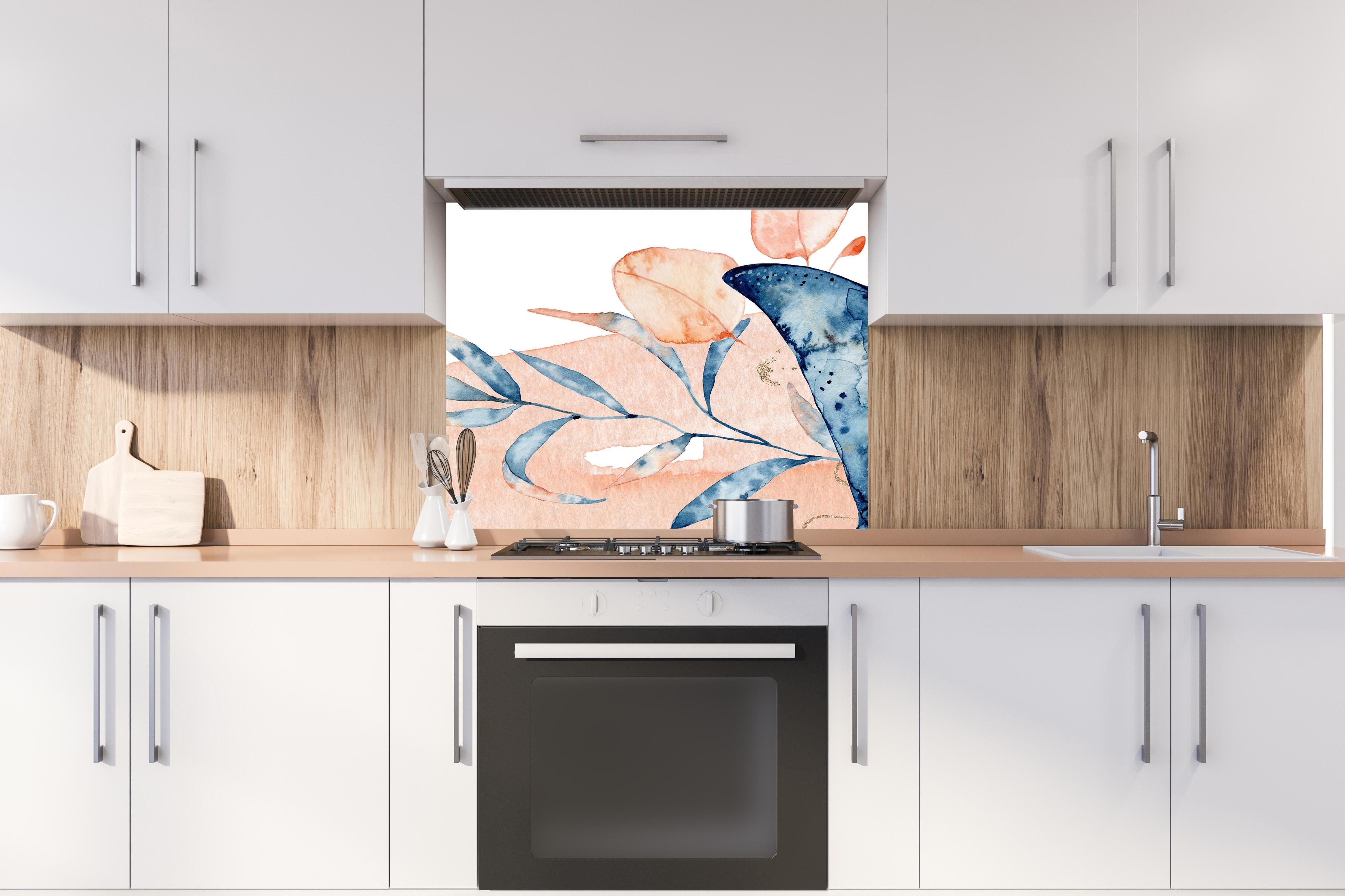 Spritzschutz - Aquarell-Illustration eines Rochenfisches hinter stilvollem Gasherd unter Dunstabzugshaube