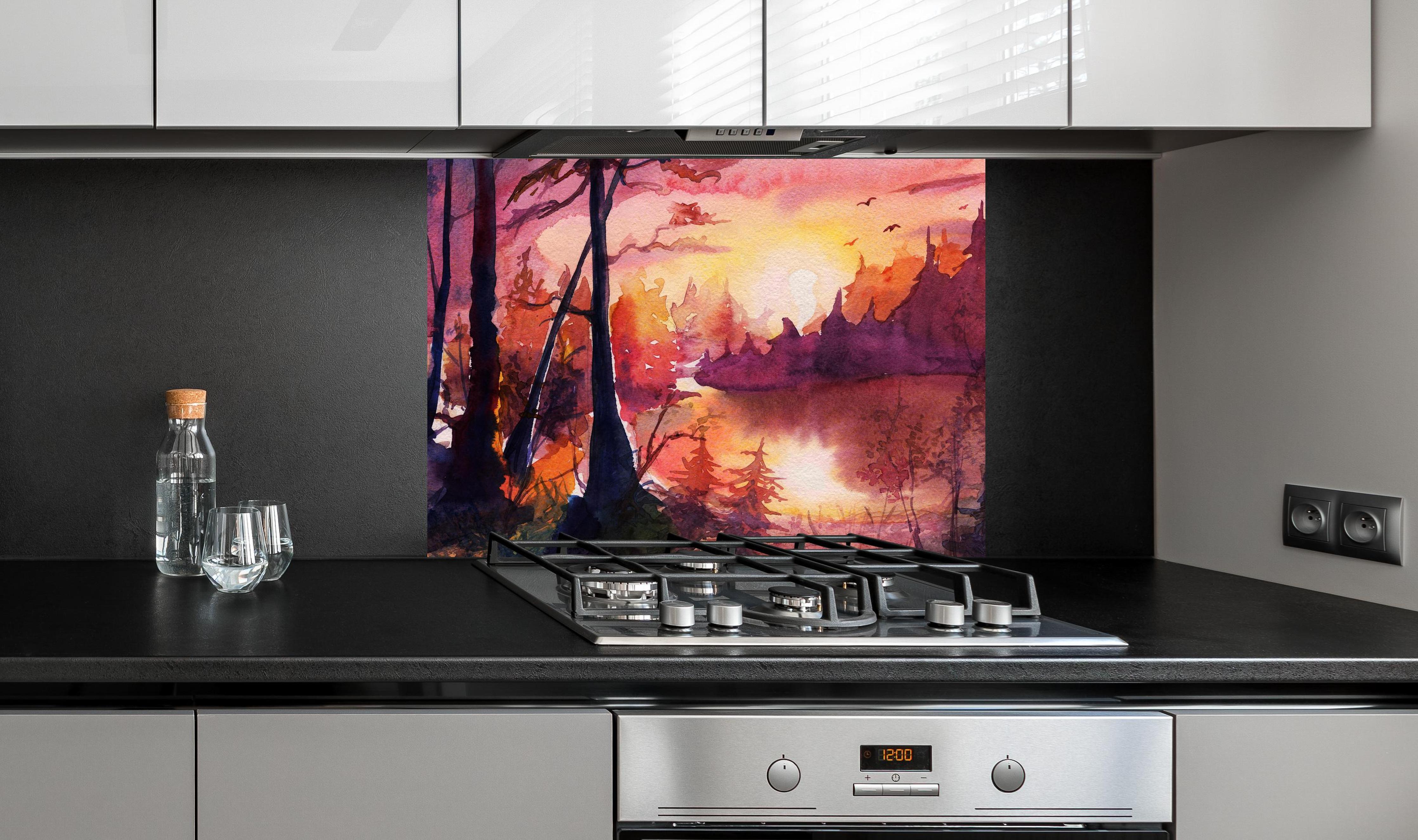Spritzschutz - Aquarell Waldlandschaft Malerei an edler Anthrazit-Wand hinter silbernem Gasherd
