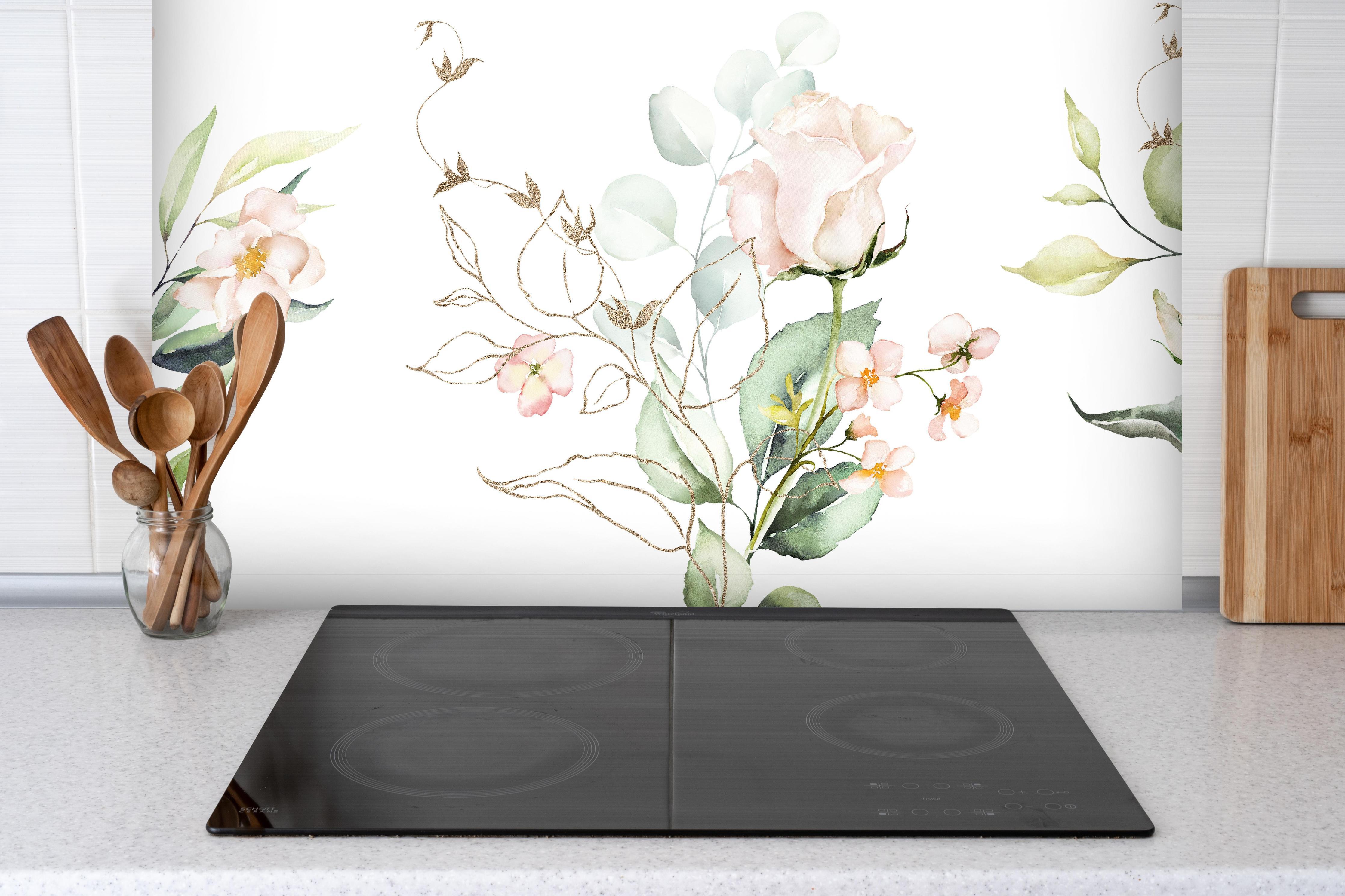 Spritzschutz - Aquarellblumen hinter einem Cerankochfeld zwischen Holz-Kochutensilien
