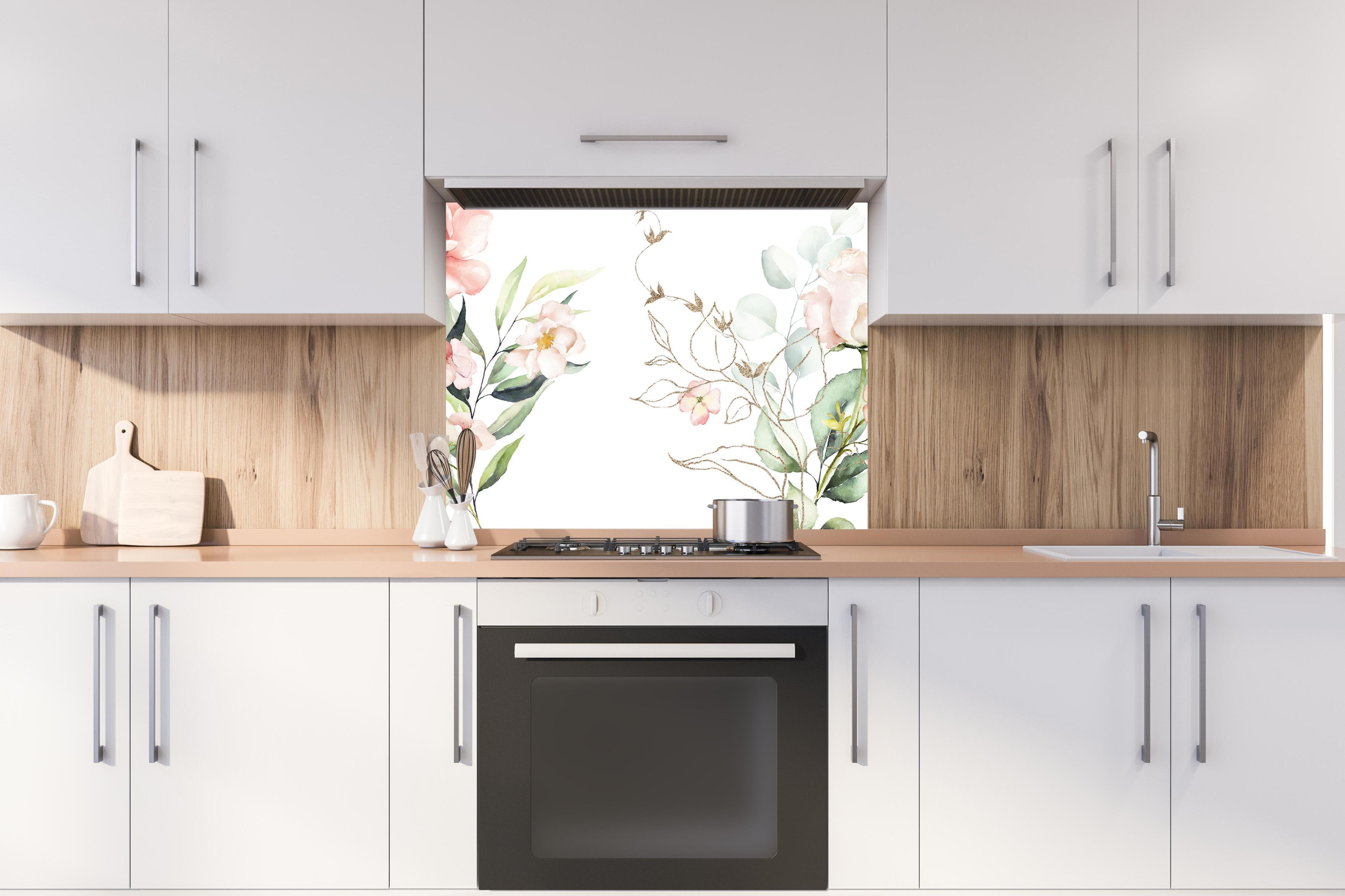 Spritzschutz - Aquarellblumen hinter stilvollem Gasherd unter Dunstabzugshaube