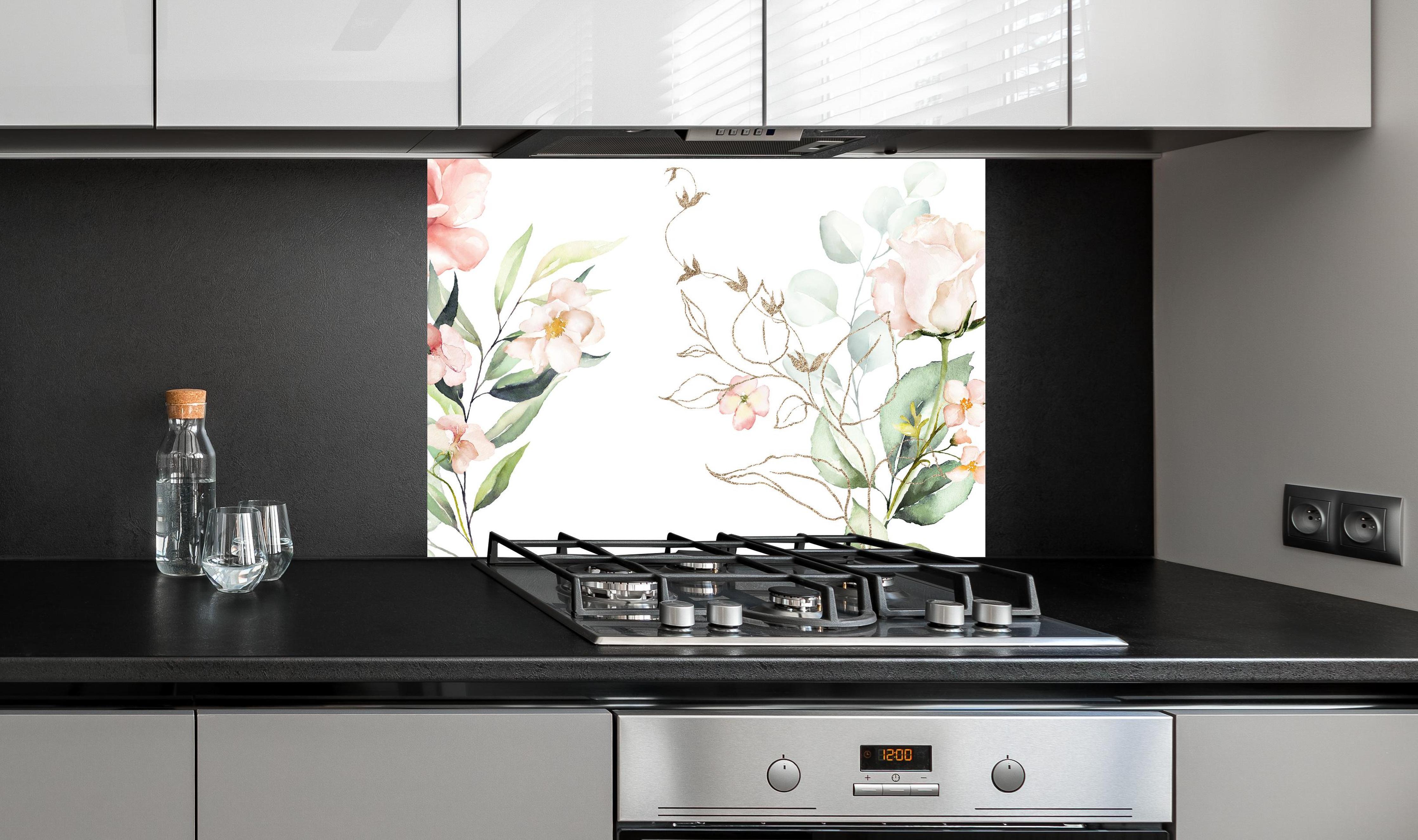Spritzschutz - Aquarellblumen an edler Anthrazit-Wand hinter silbernem Gasherd