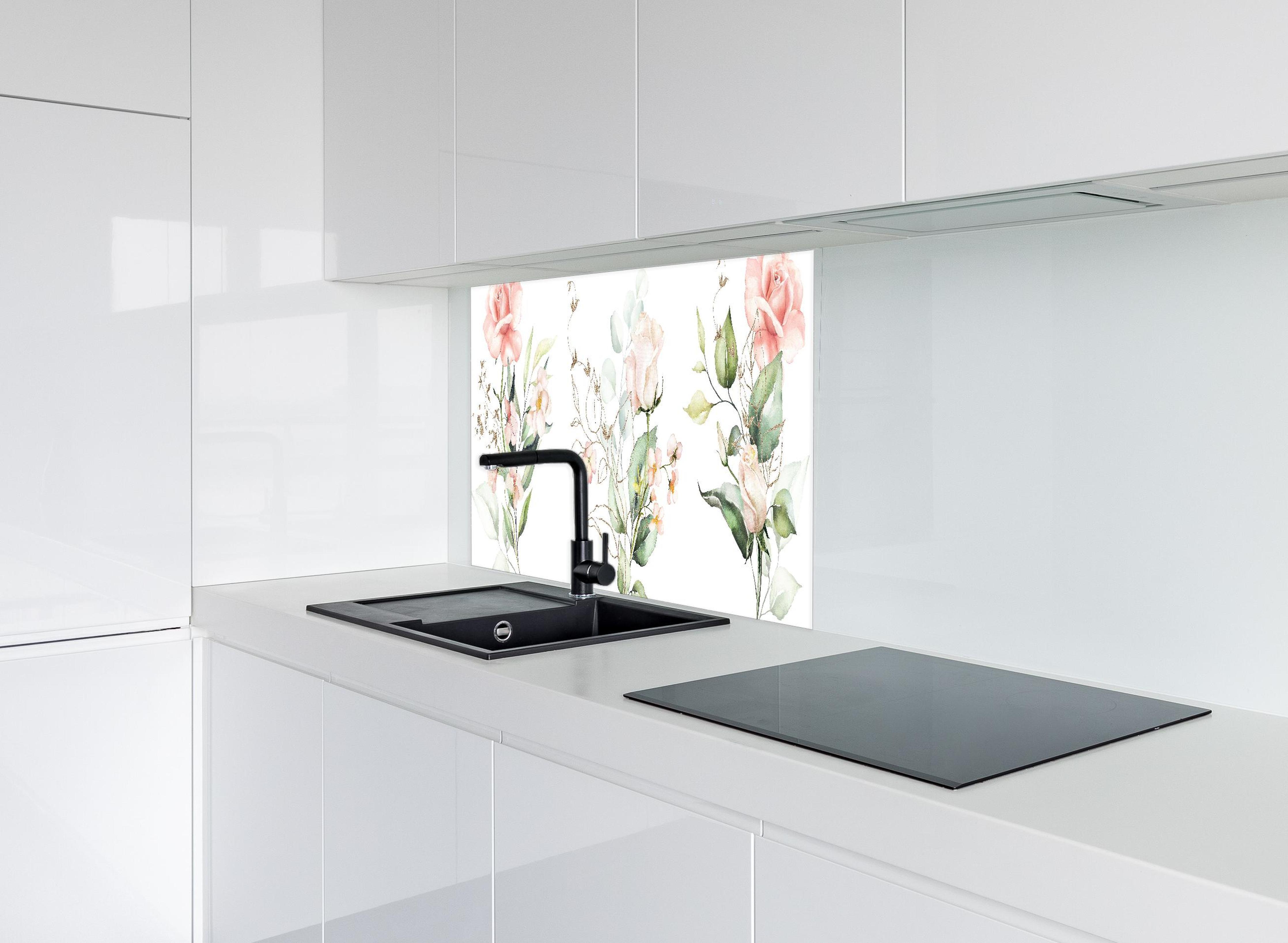 Spritzschutz - Aquarellblumen hinter modernem schwarz-matten Spülbecken in weißer Hochglanz-Küche