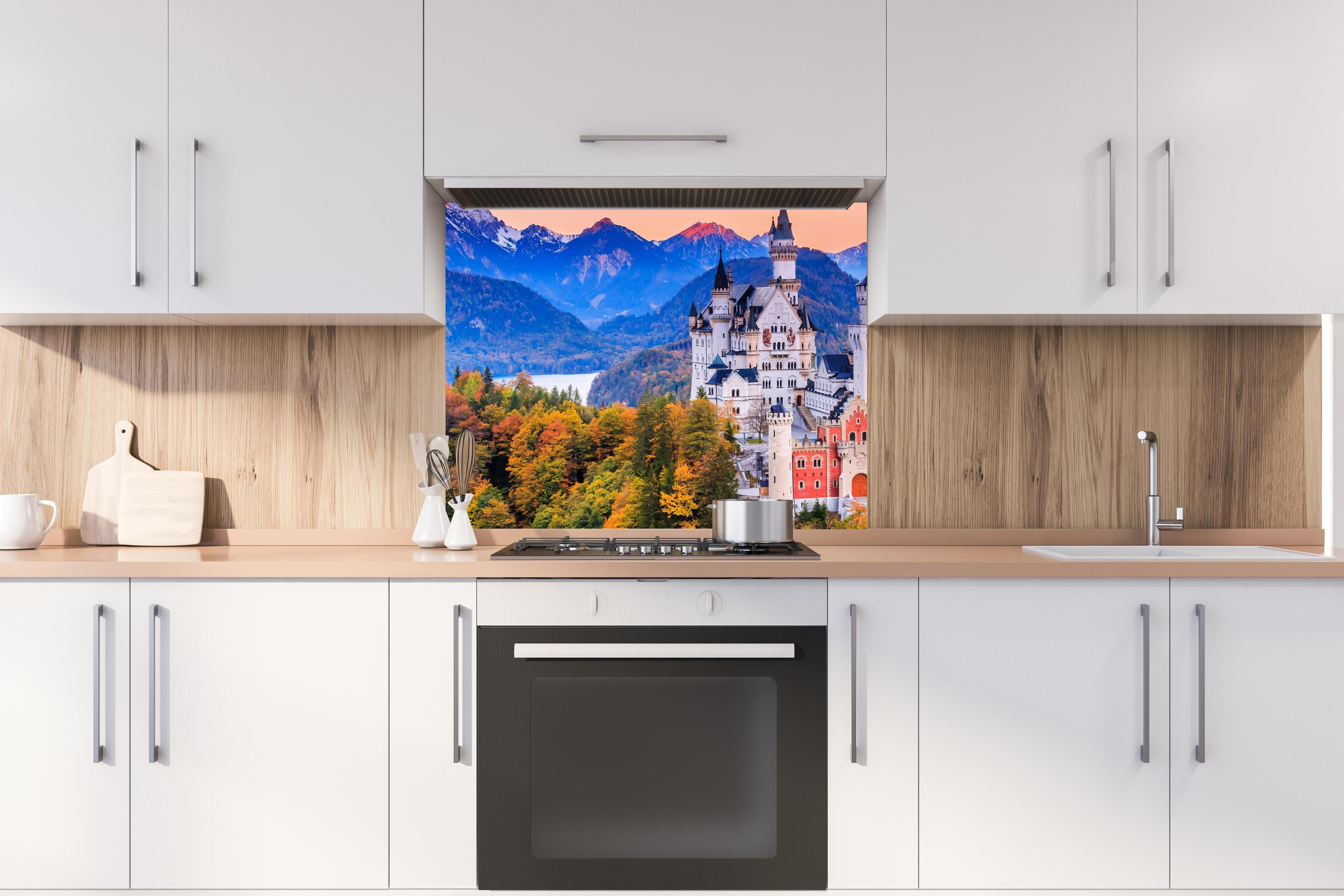 Spritzschutz - Ästhetisches Schloss Neuschawn hinter stilvollem Gasherd unter Dunstabzugshaube