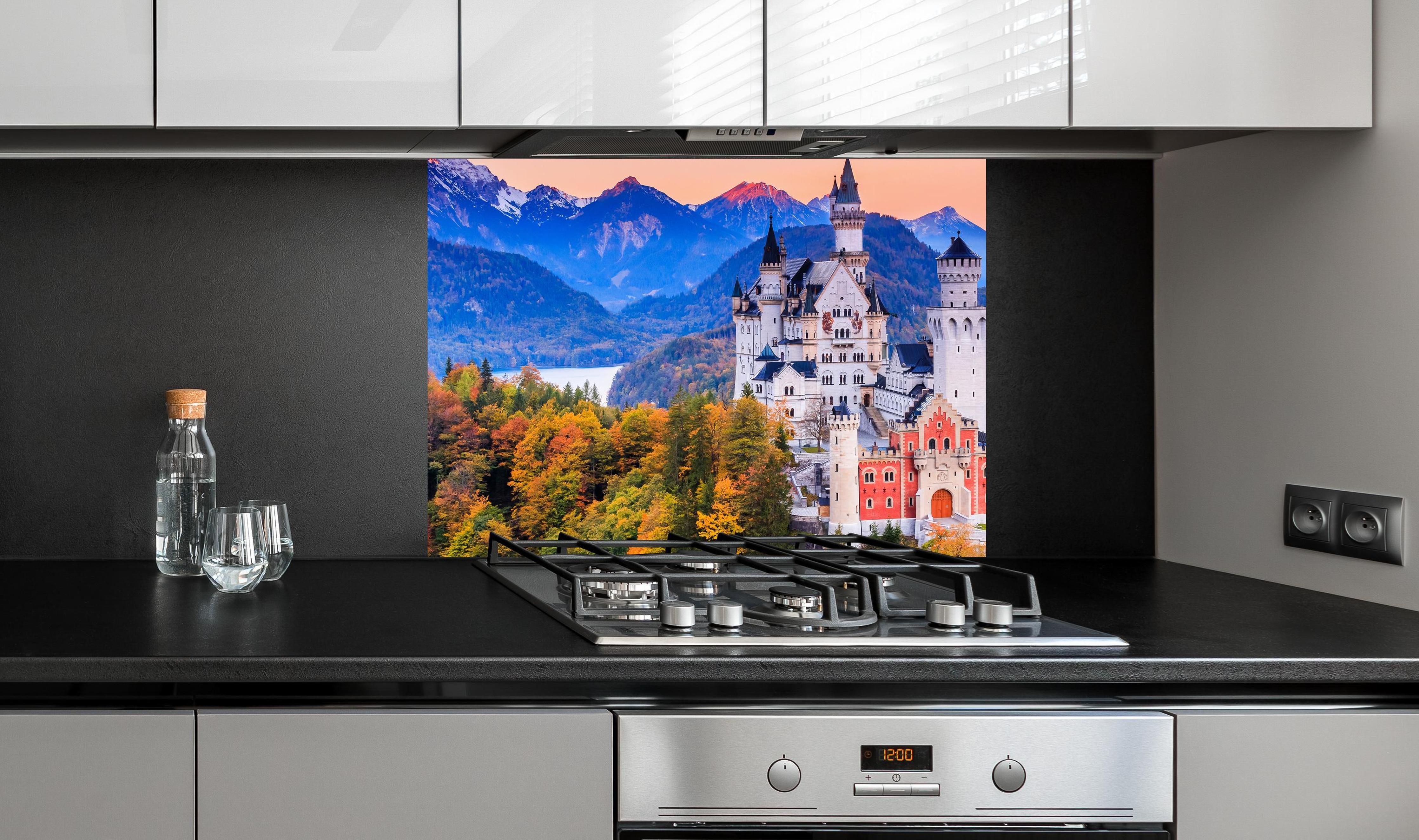 Spritzschutz - Ästhetisches Schloss Neuschawn an edler Anthrazit-Wand hinter silbernem Gasherd