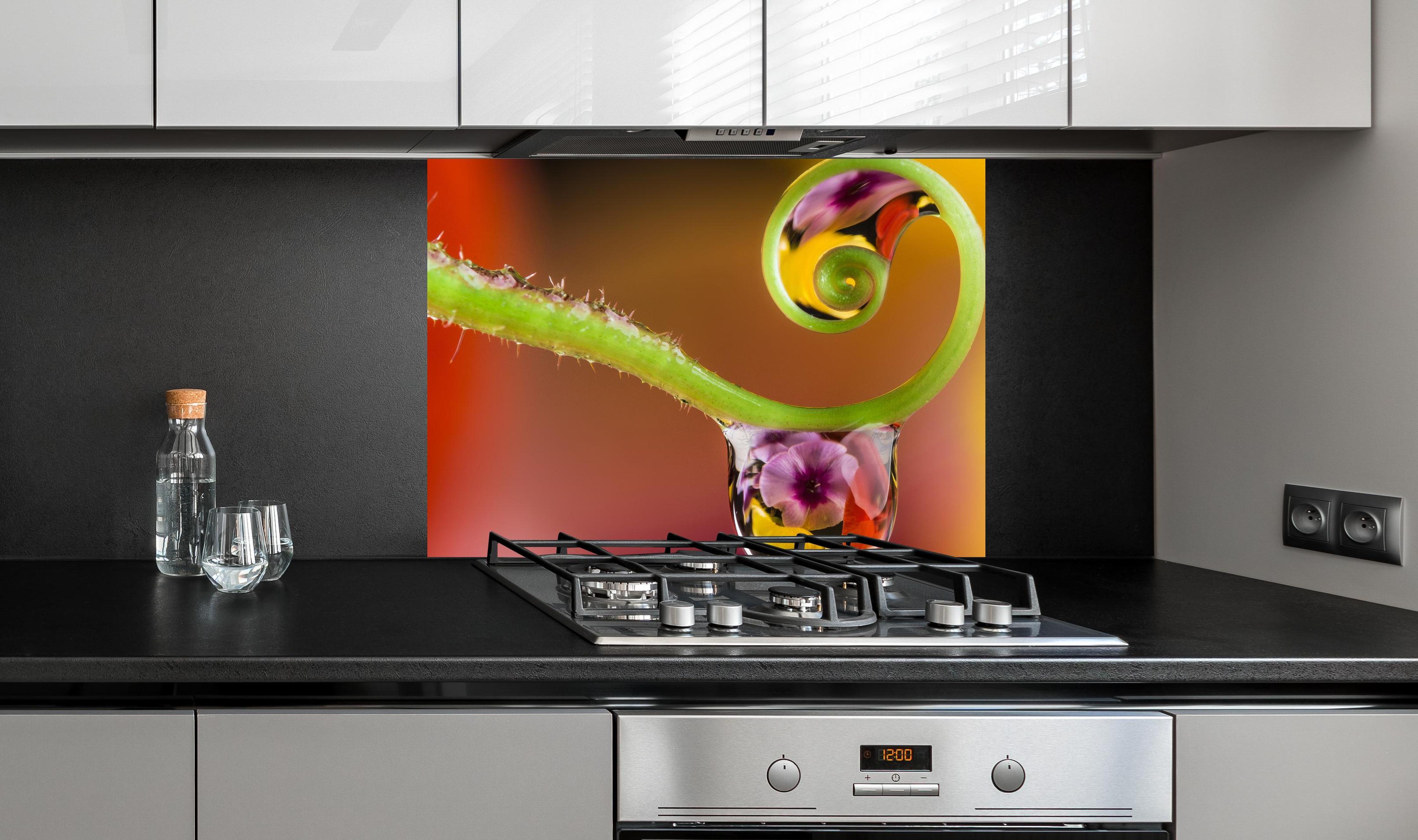 Spritzschutz - Blume mit abstrakten Tropfen an edler Anthrazit-Wand hinter silbernem Gasherd