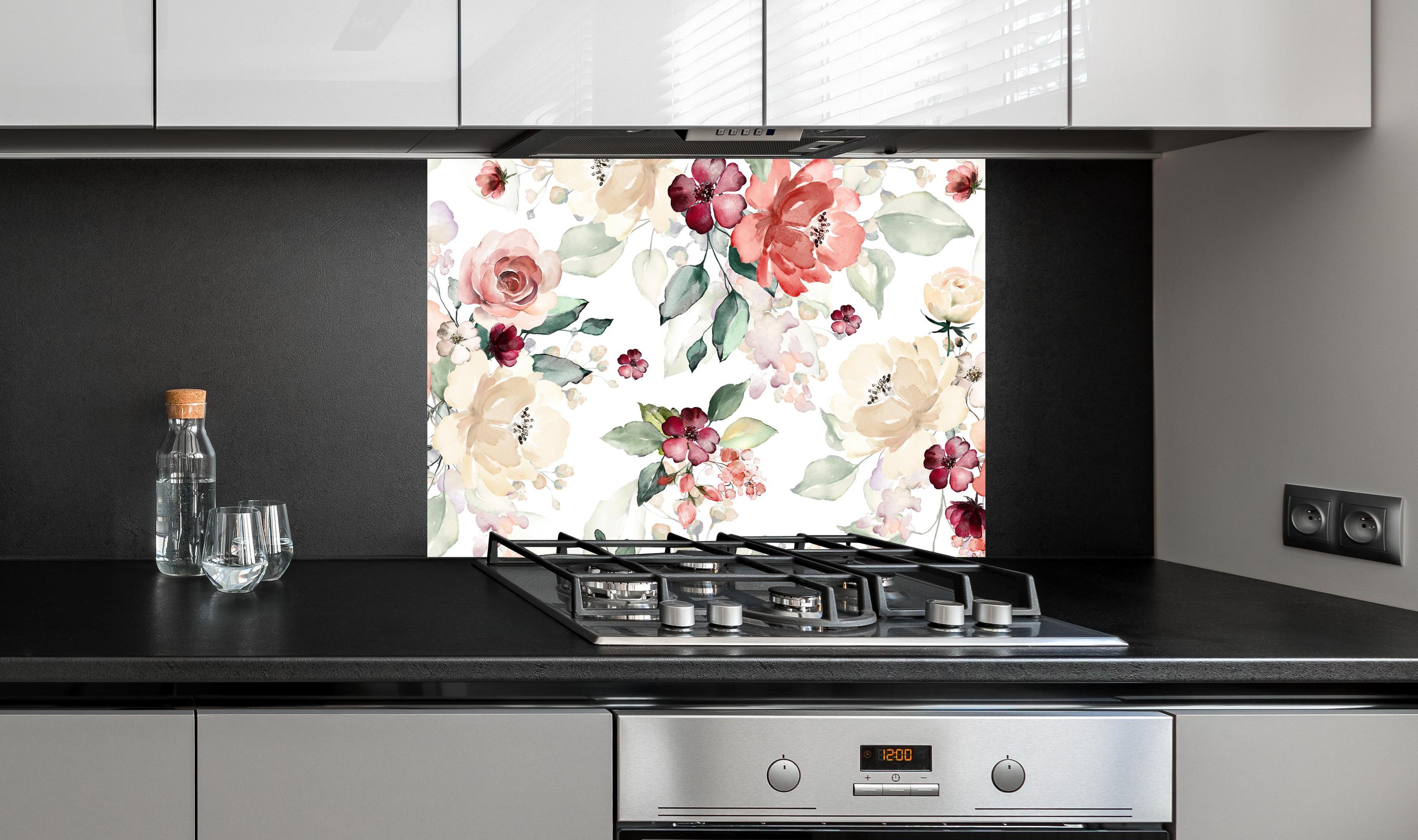 Spritzschutz - Blumen und Blätter im Tapeten-Stil an edler Anthrazit-Wand hinter silbernem Gasherd