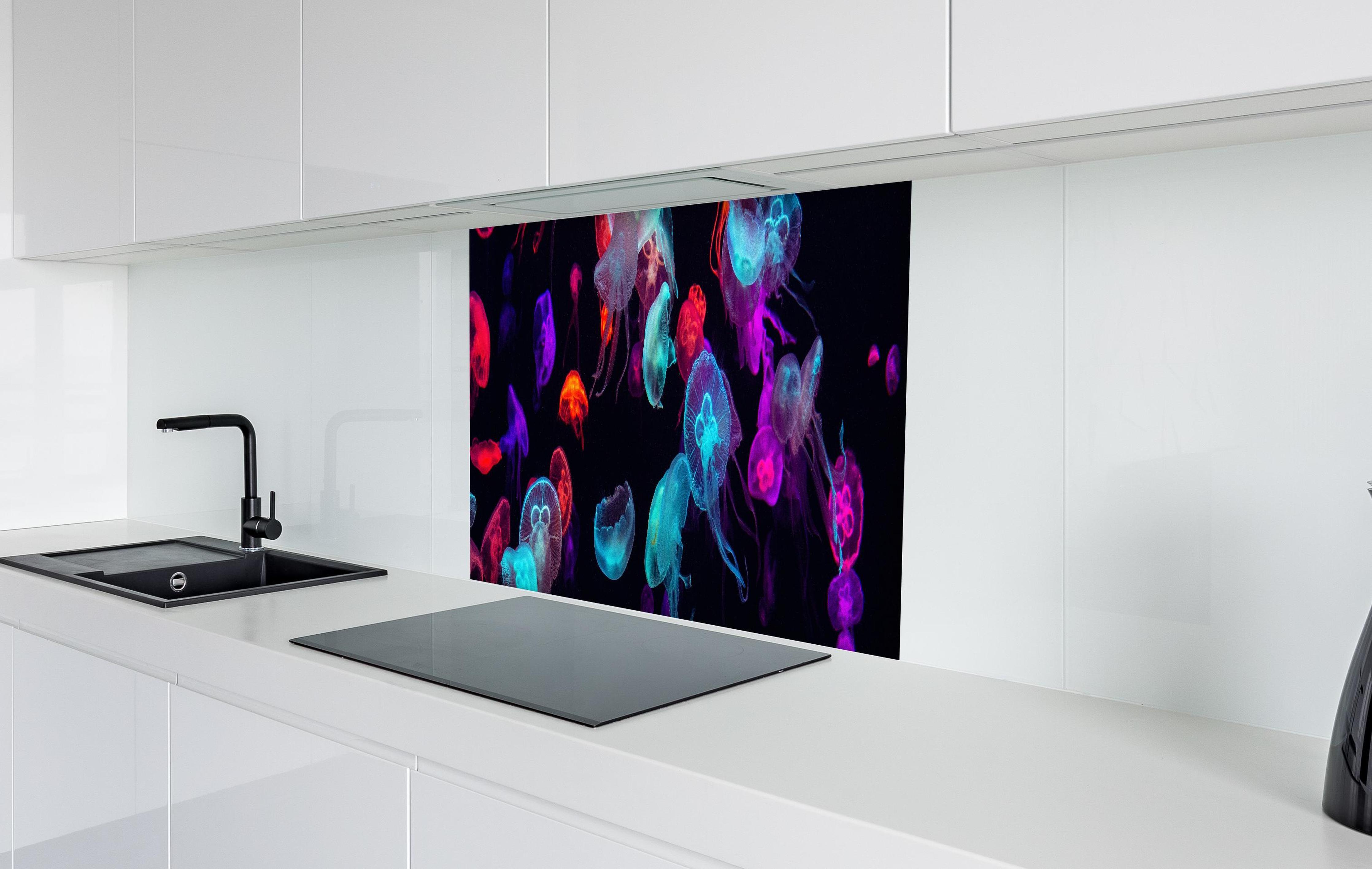 Spritzschutz - Bunt strahlende Quallen unter Wasser in weißer Hochglanz-Küche hinter einem Cerankochfeld