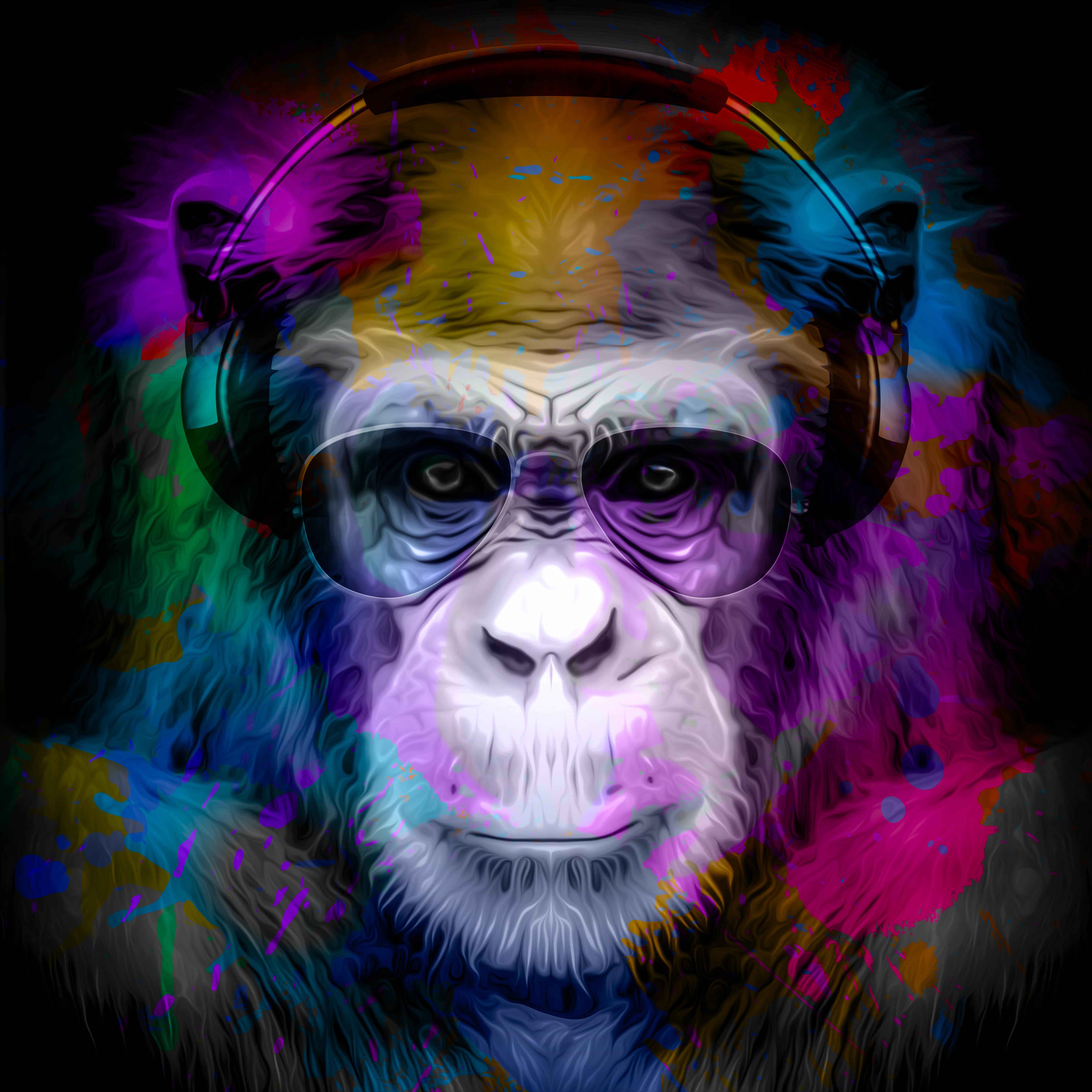 Spritzschutz-Bunter Affenkopf mit Brille und Kopfhörern