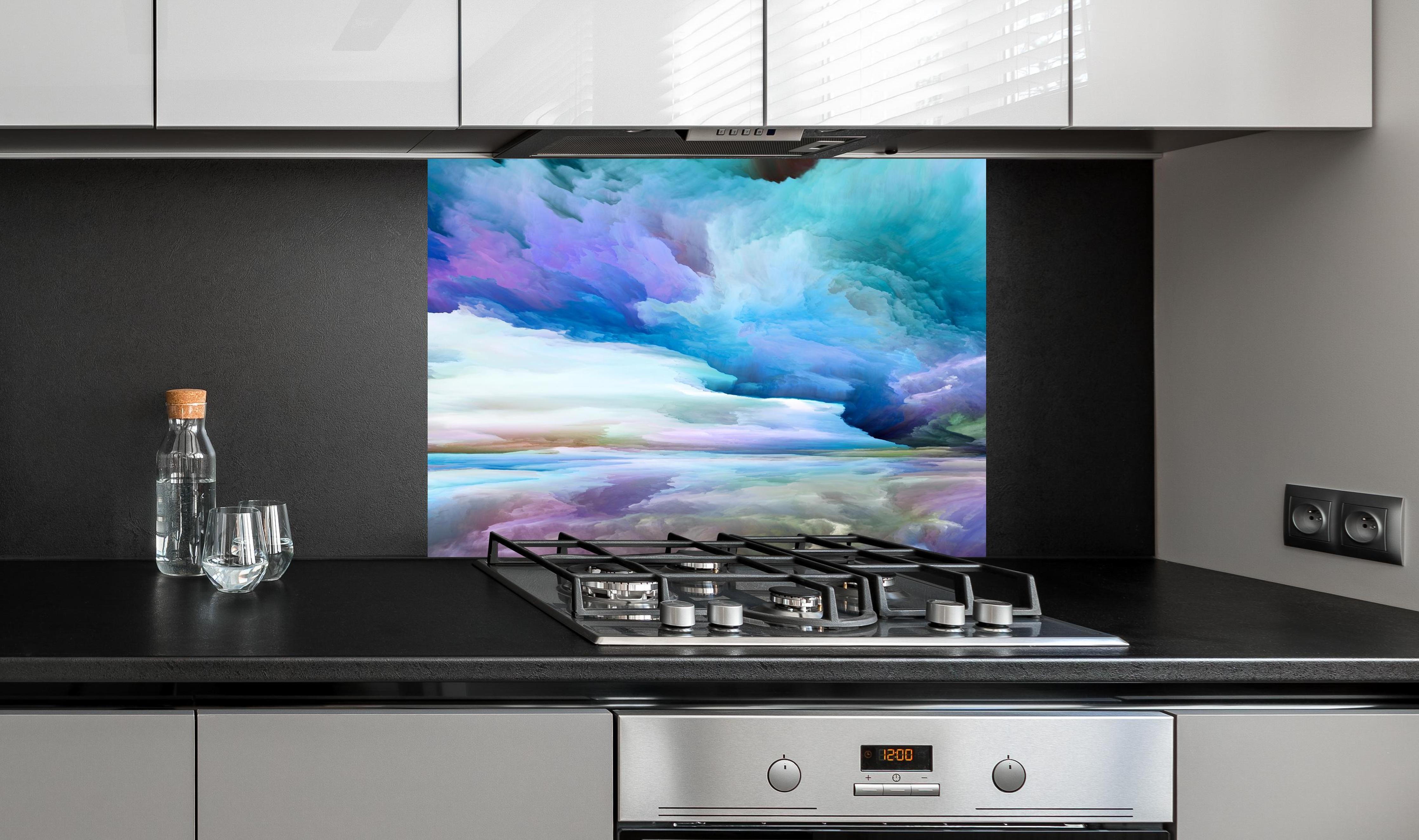 Spritzschutz - Bunter Fantasy Himmel an edler Anthrazit-Wand hinter silbernem Gasherd