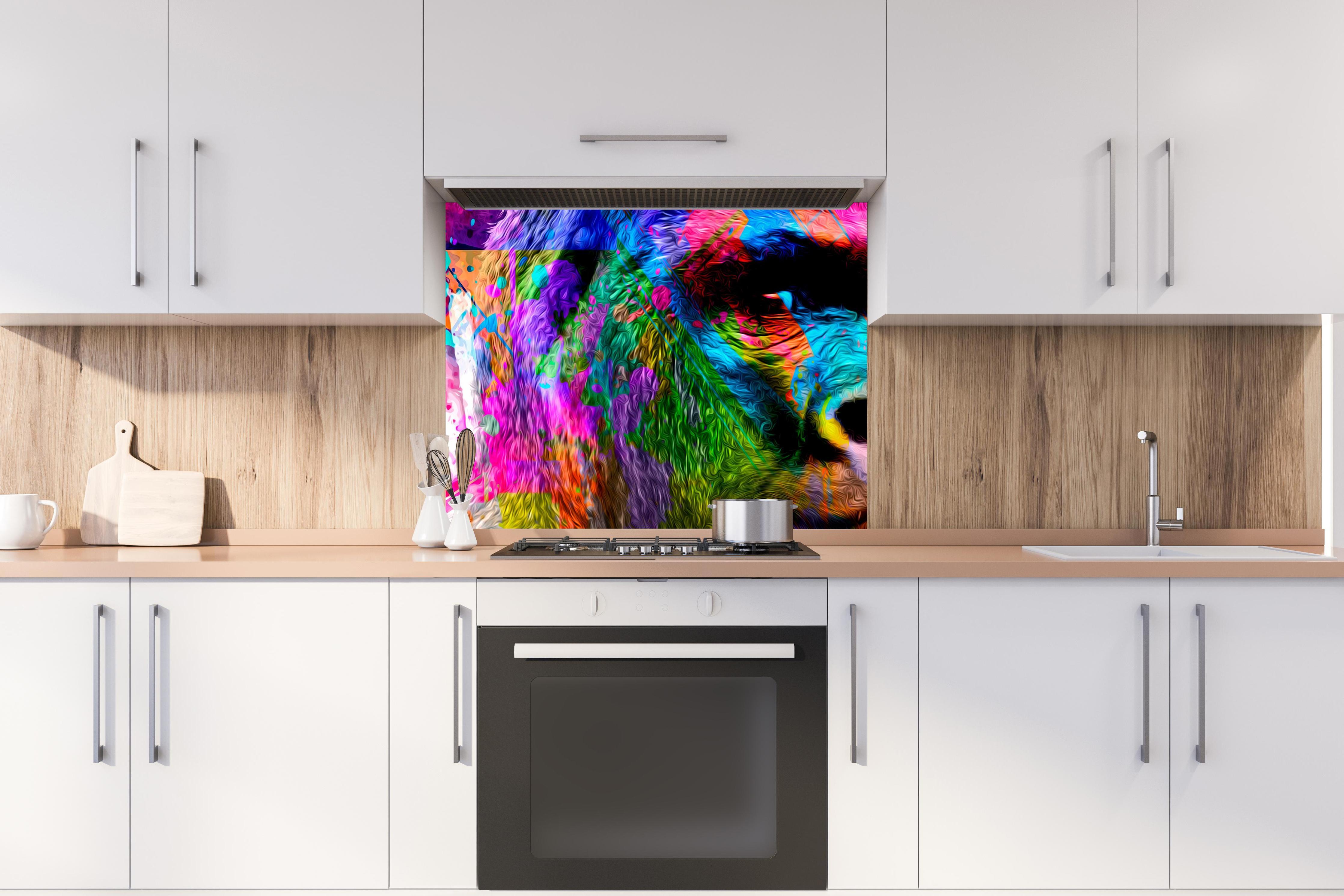 Spritzschutz - Bunter abstrakter Gorillakopf hinter stilvollem Gasherd unter Dunstabzugshaube