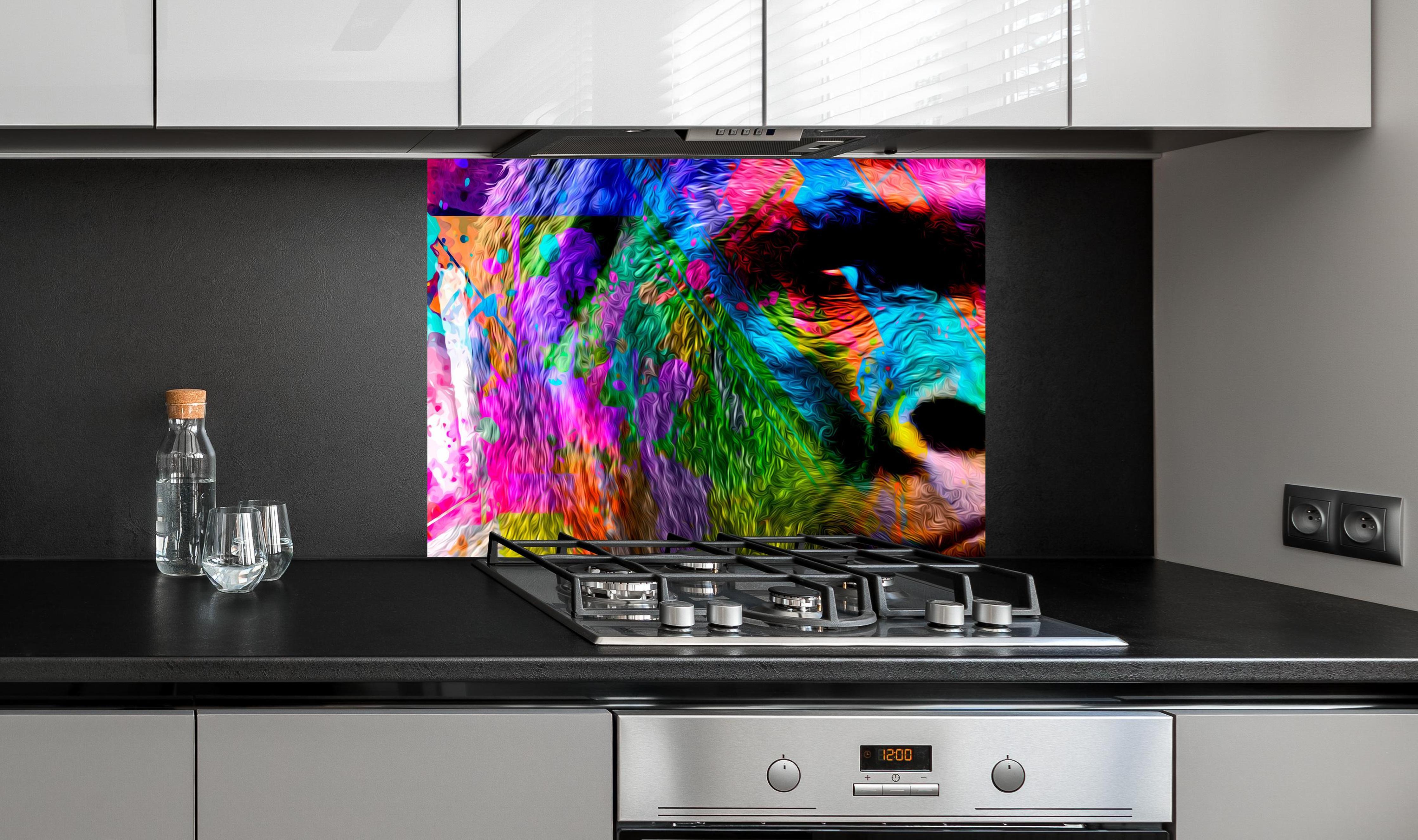 Spritzschutz - Bunter abstrakter Gorillakopf an edler Anthrazit-Wand hinter silbernem Gasherd