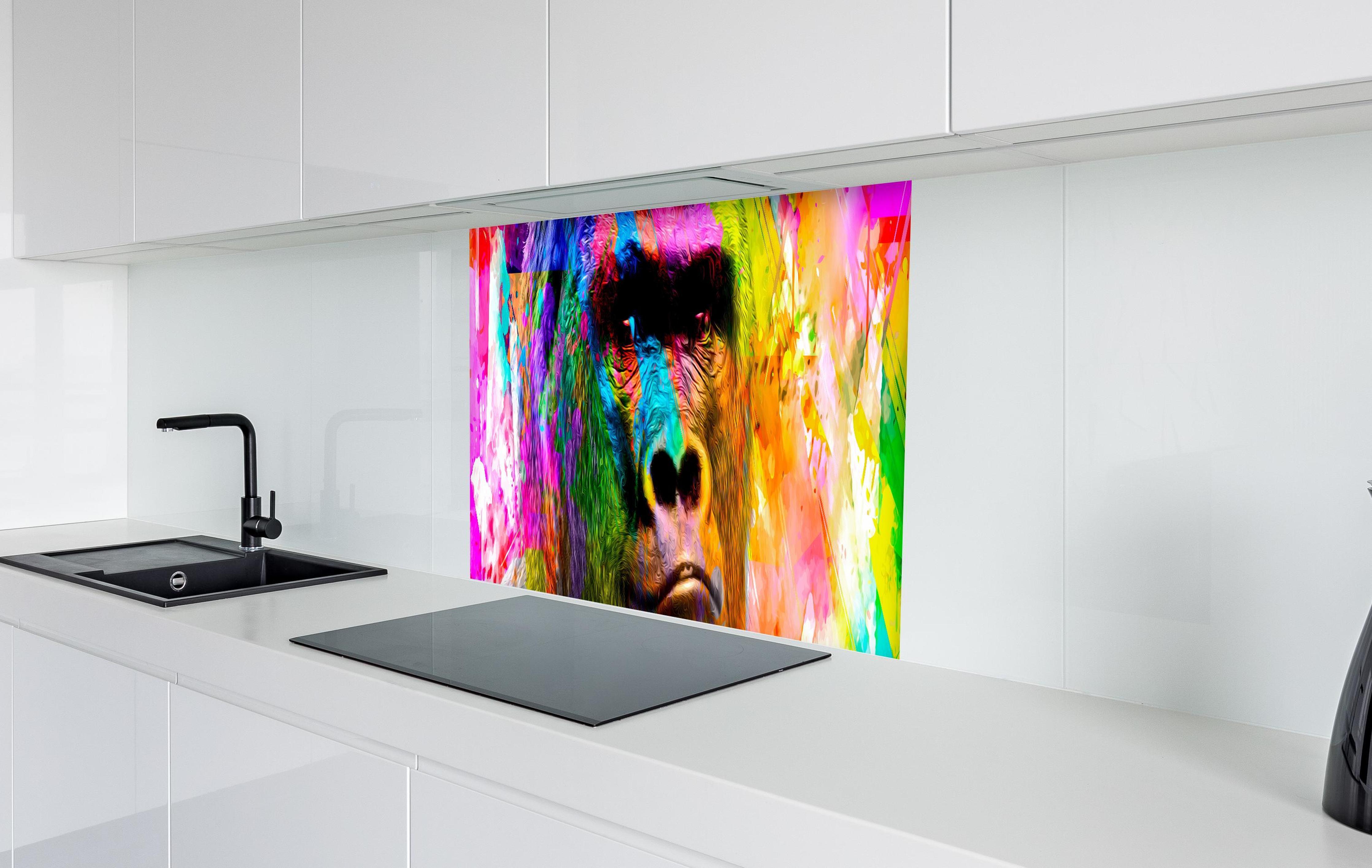 Spritzschutz - Bunter abstrakter Gorillakopf in weißer Hochglanz-Küche hinter einem Cerankochfeld