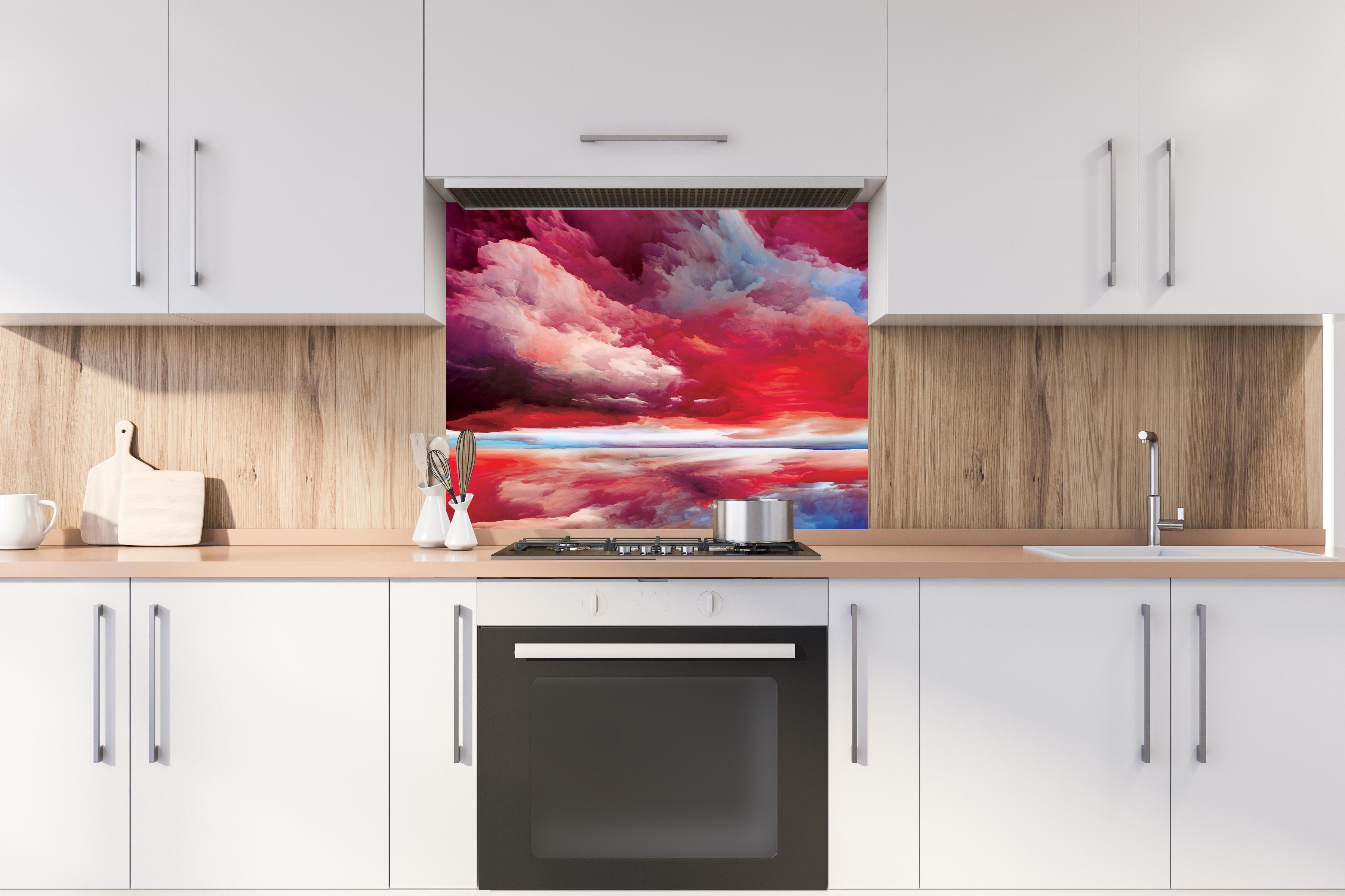 Spritzschutz - Buntes Abstraktes Himmelspiel hinter stilvollem Gasherd unter Dunstabzugshaube