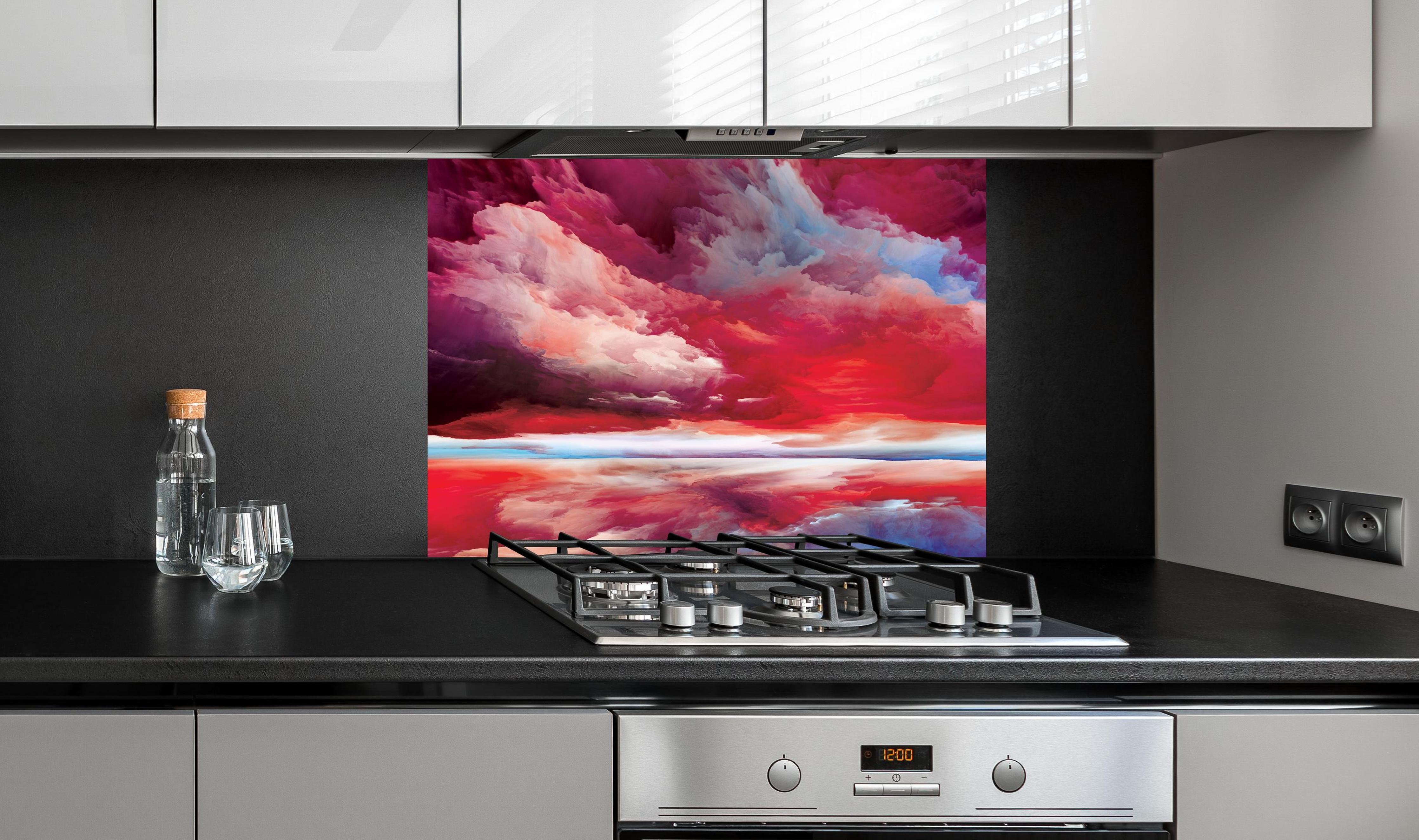 Spritzschutz - Buntes Abstraktes Himmelspiel an edler Anthrazit-Wand hinter silbernem Gasherd