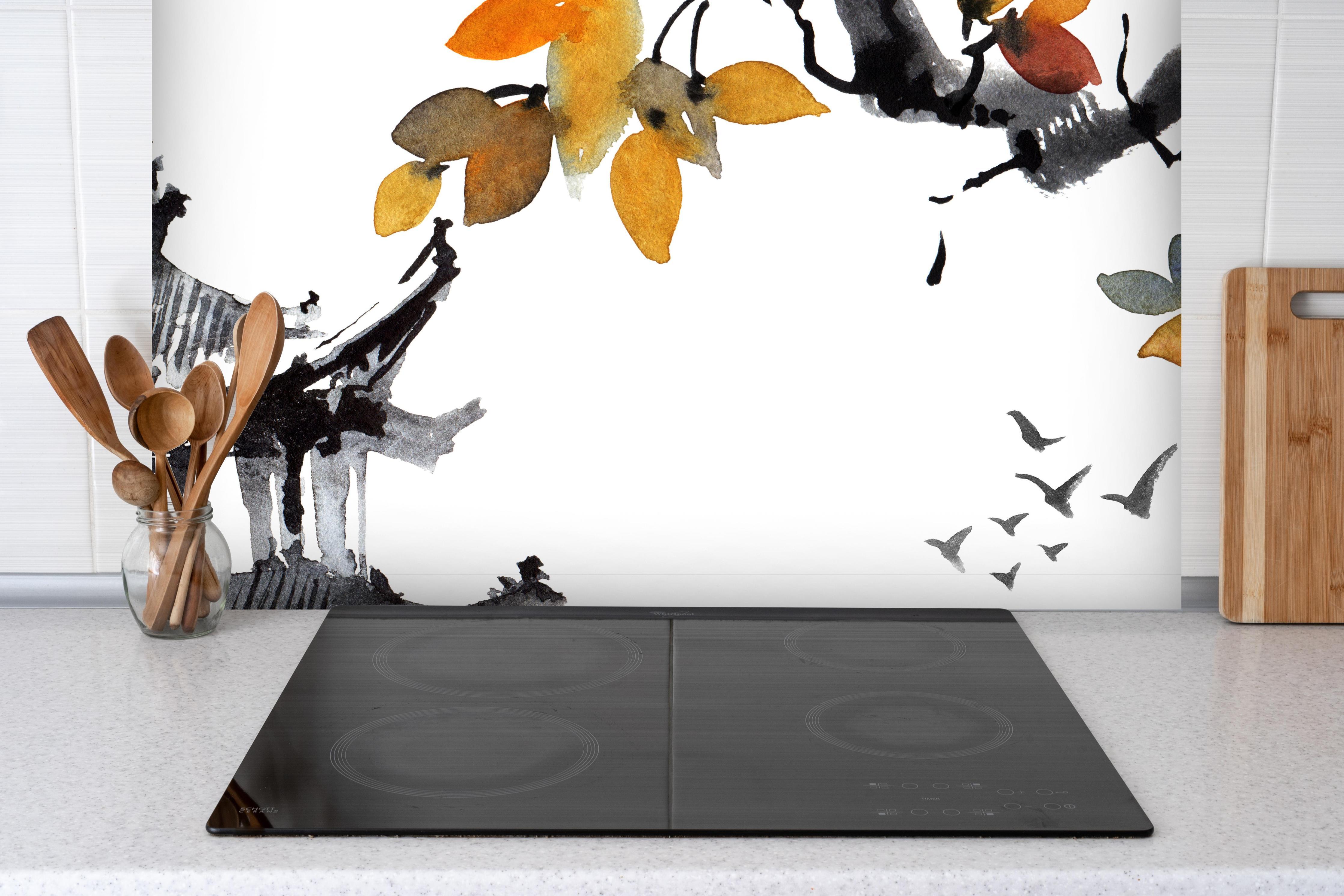 Spritzschutz - Chinesische Landschaft - Aquarell hinter einem Cerankochfeld zwischen Holz-Kochutensilien