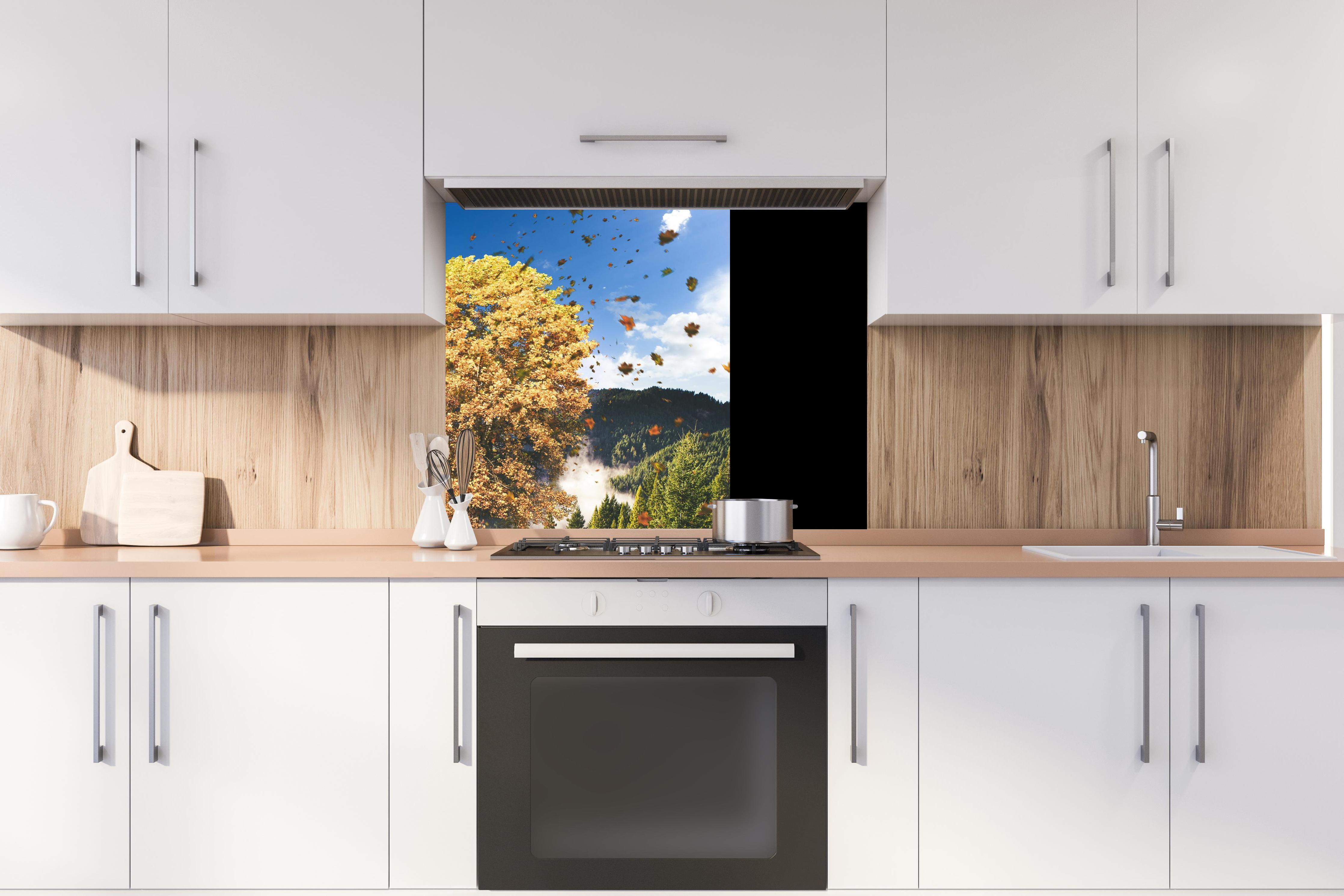 Spritzschutz - Einzelner Herbst Baum im Wald bei Wind hinter stilvollem Gasherd unter Dunstabzugshaube