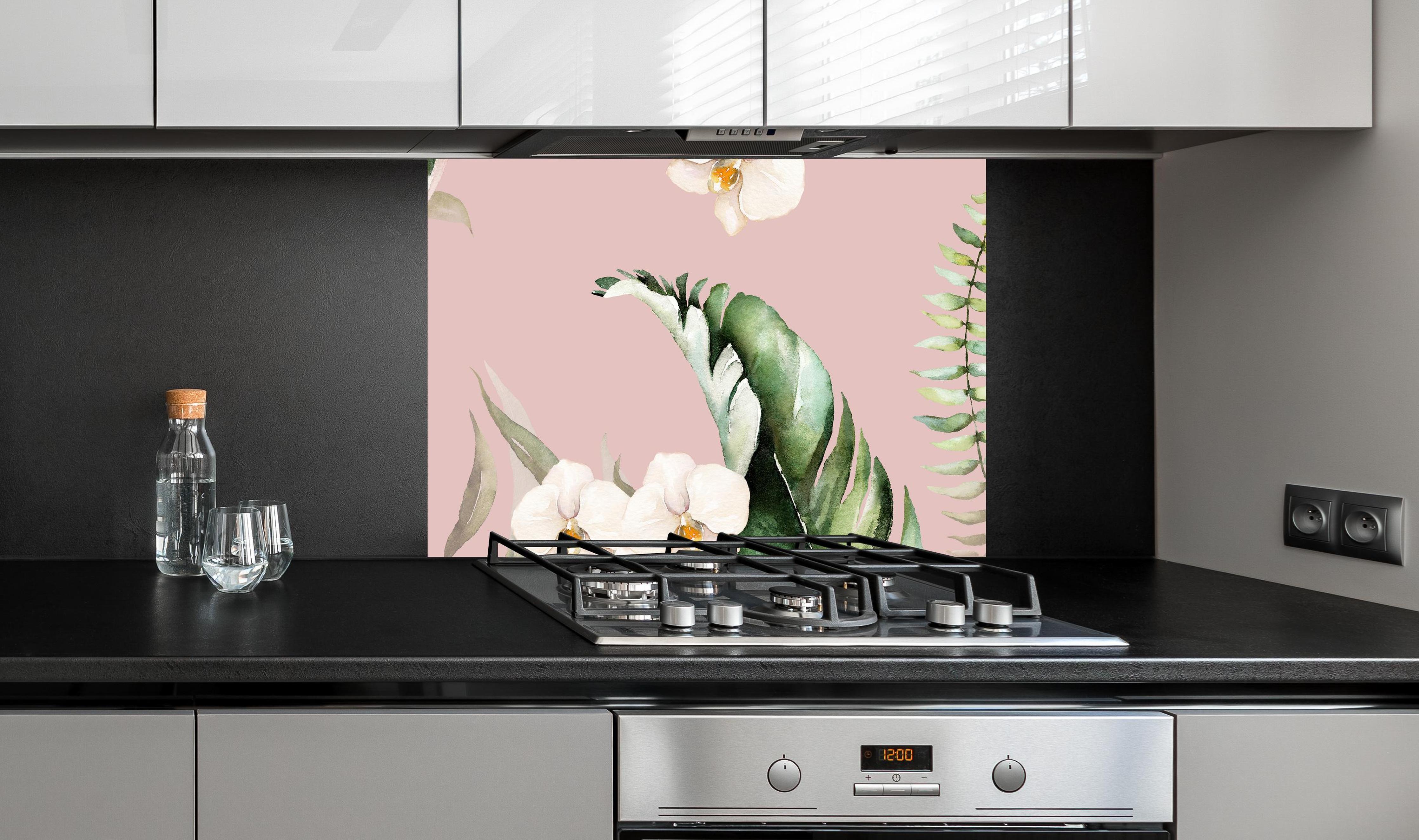 Spritzschutz - Exotische Pflanzen - Aquarell an edler Anthrazit-Wand hinter silbernem Gasherd