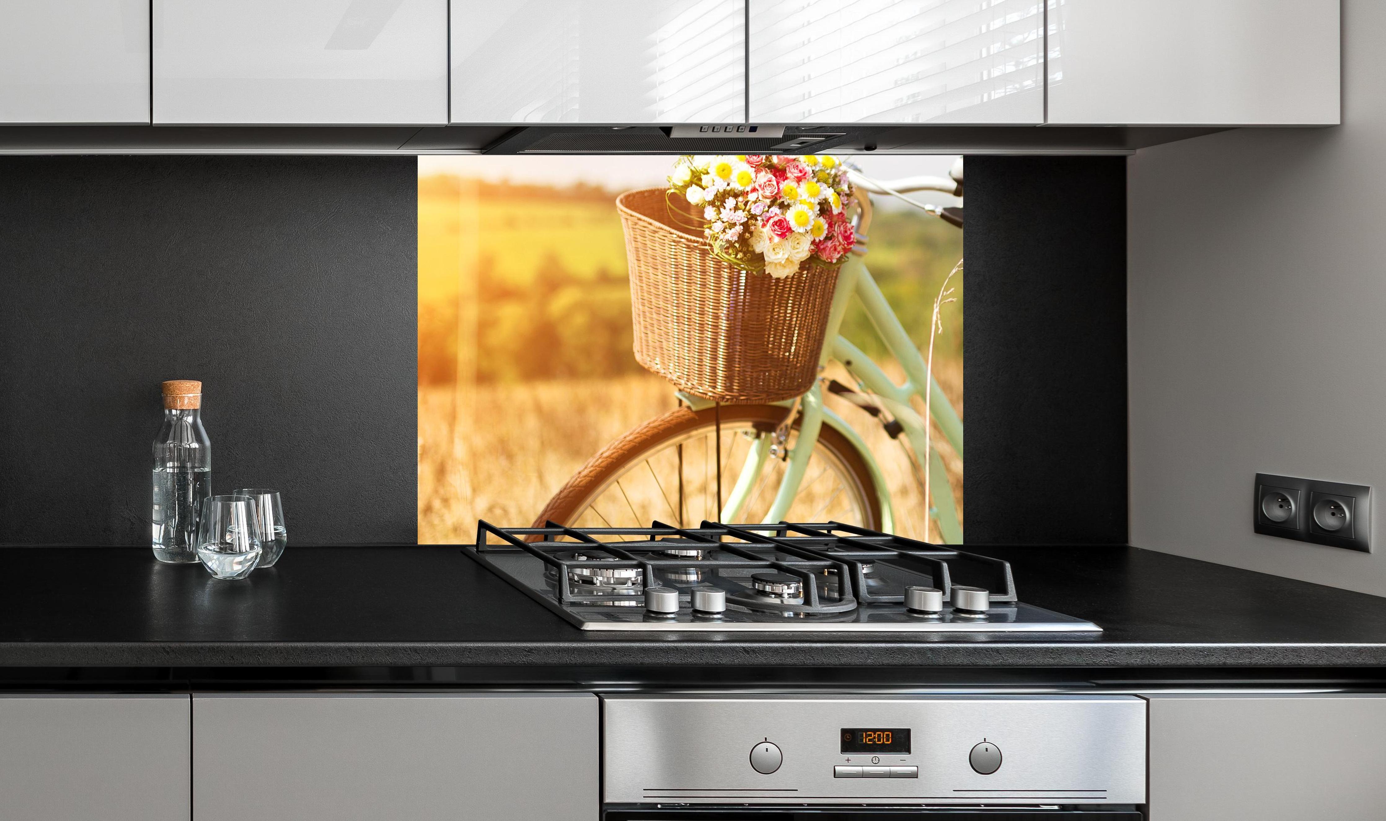 Spritzschutz - Fahrrad mit Blumenkorb auf Wiese an edler Anthrazit-Wand hinter silbernem Gasherd