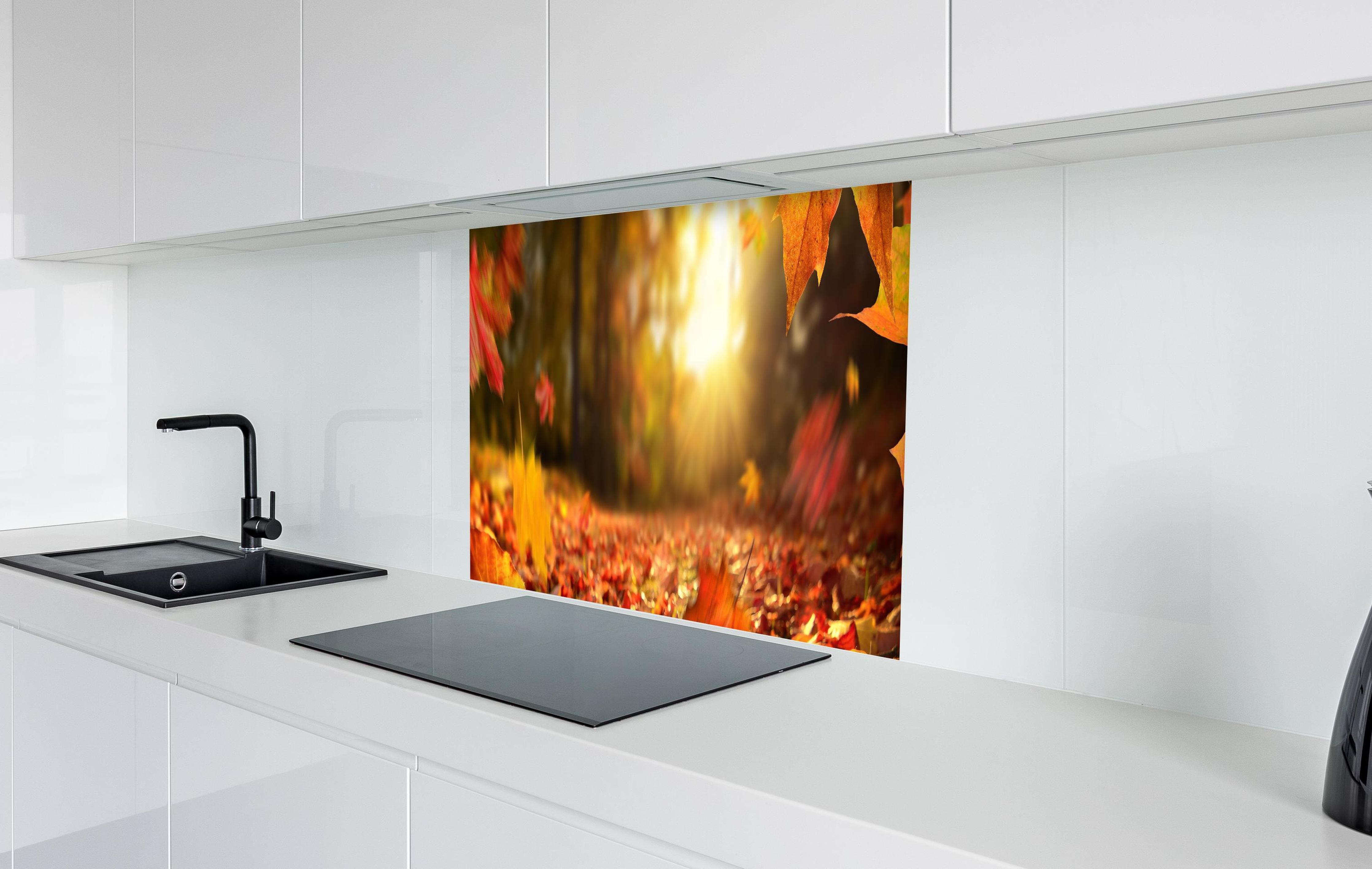 Spritzschutz - Fallende Blätter im Herbst in weißer Hochglanz-Küche hinter einem Cerankochfeld