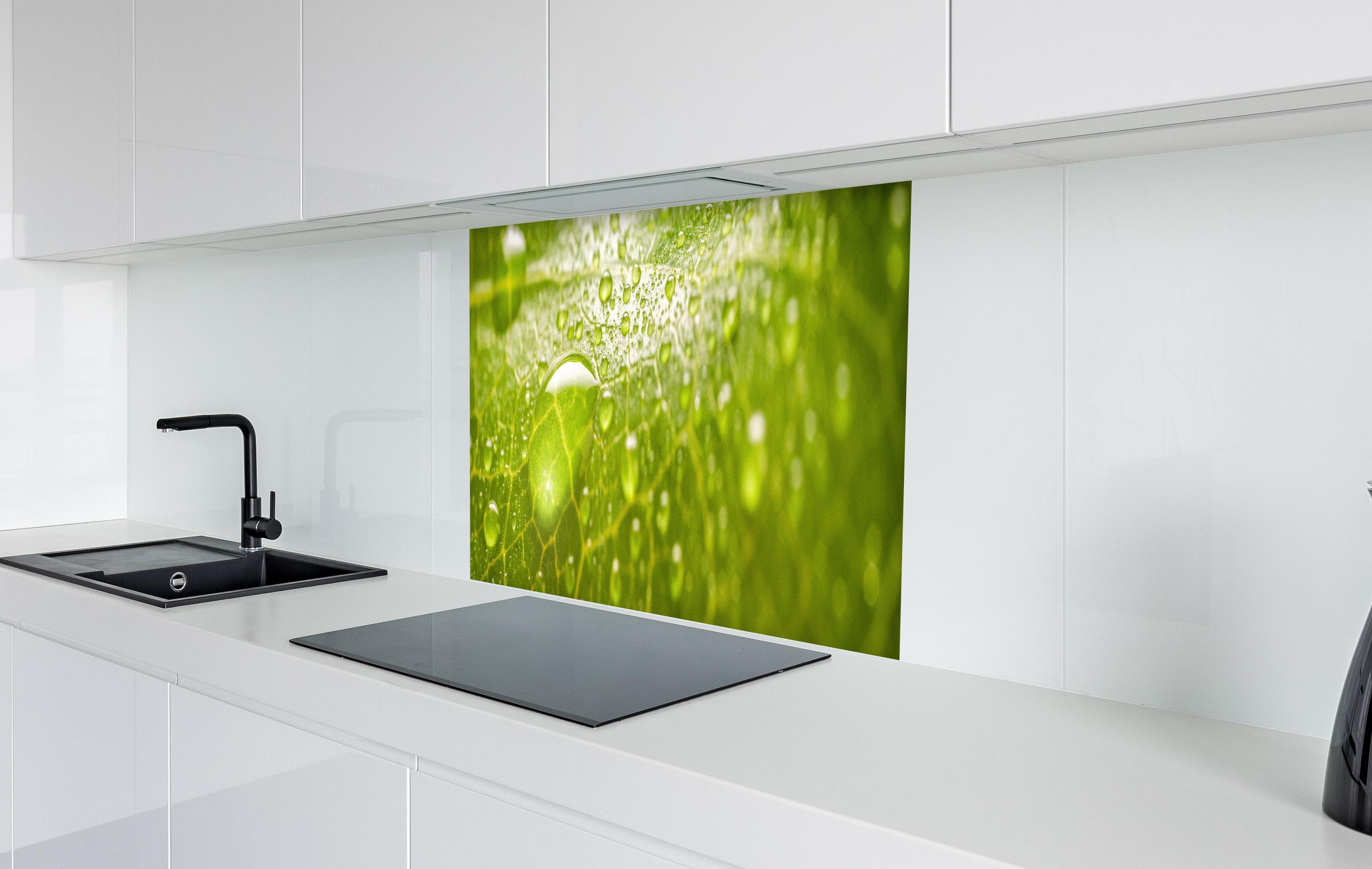 Spritzschutz - Feuchtes Blatt in weißer Hochglanz-Küche hinter einem Cerankochfeld