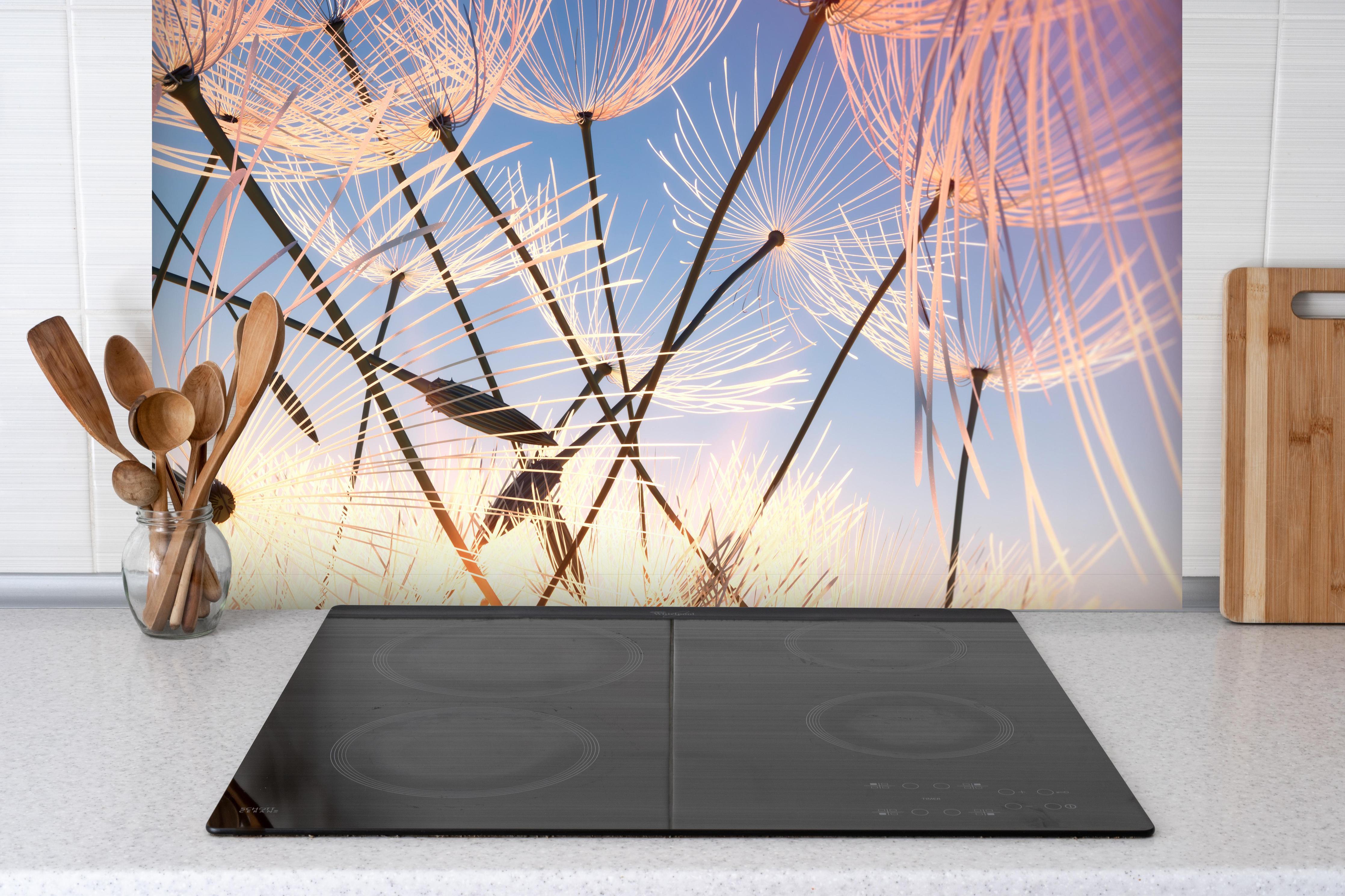 Spritzschutz - Fliegende Pusteblumen in Nahaufnahme hinter einem Cerankochfeld zwischen Holz-Kochutensilien