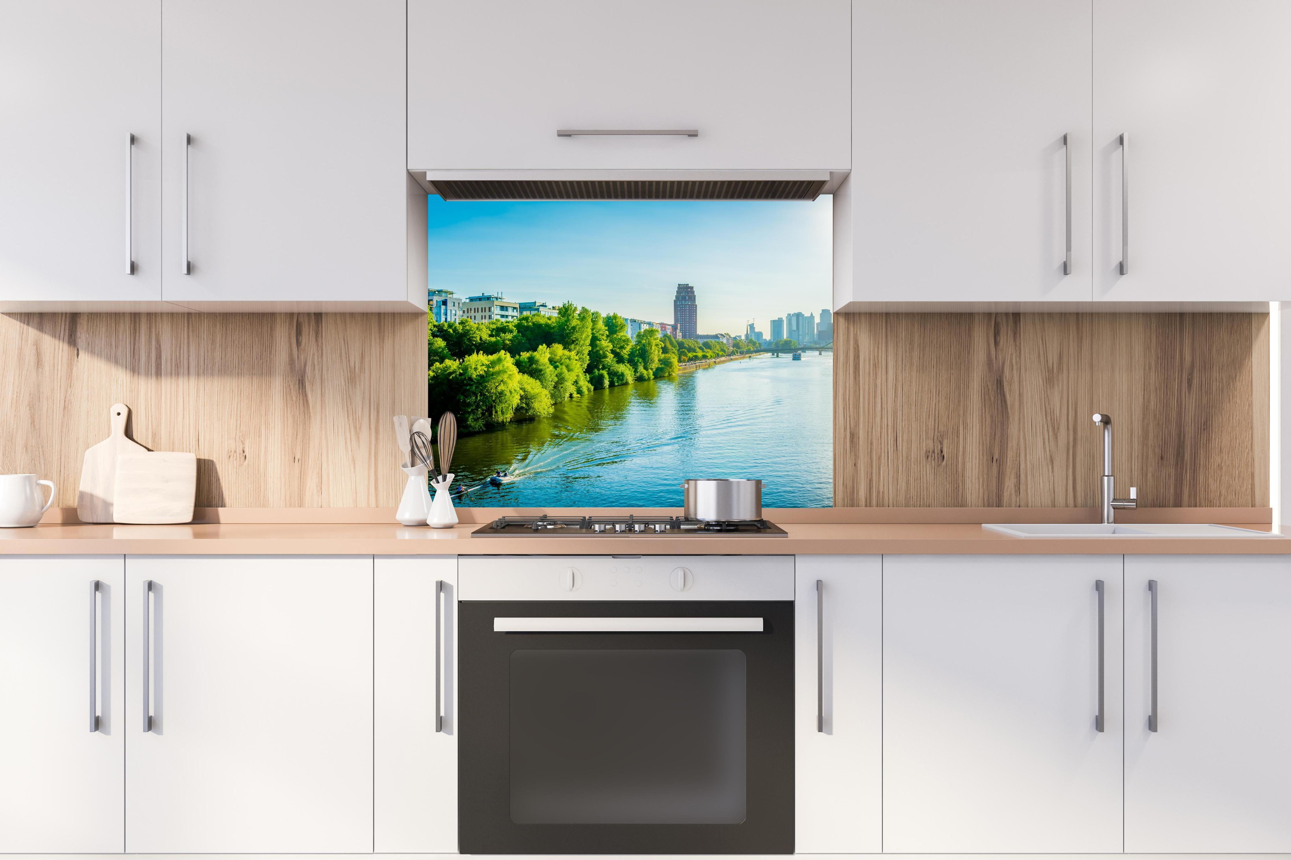 Spritzschutz - Frankfurt EZB bei Tag hinter stilvollem Gasherd unter Dunstabzugshaube