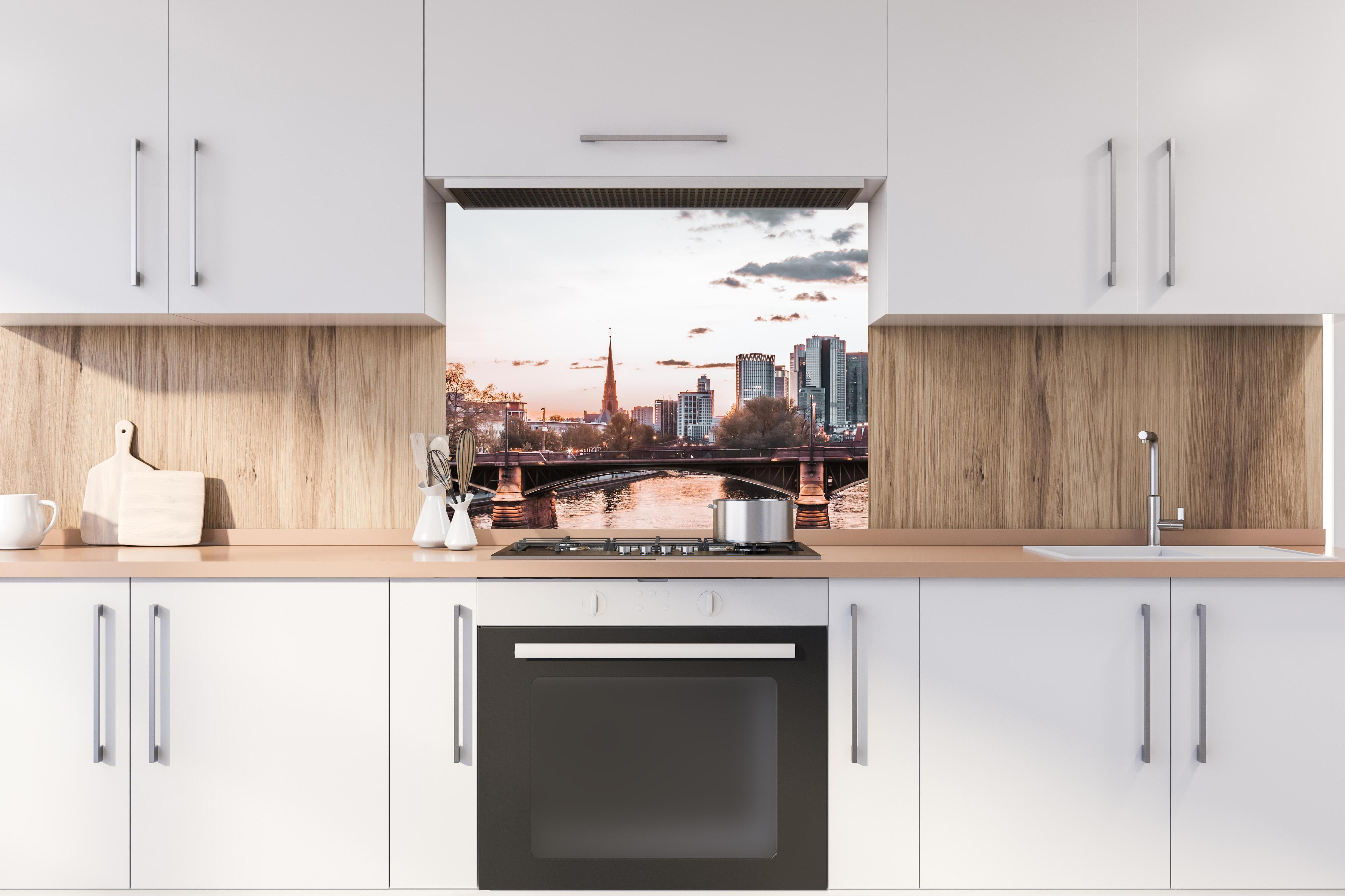 Spritzschutz - Frankfurter Skyline Vintage hinter stilvollem Gasherd unter Dunstabzugshaube