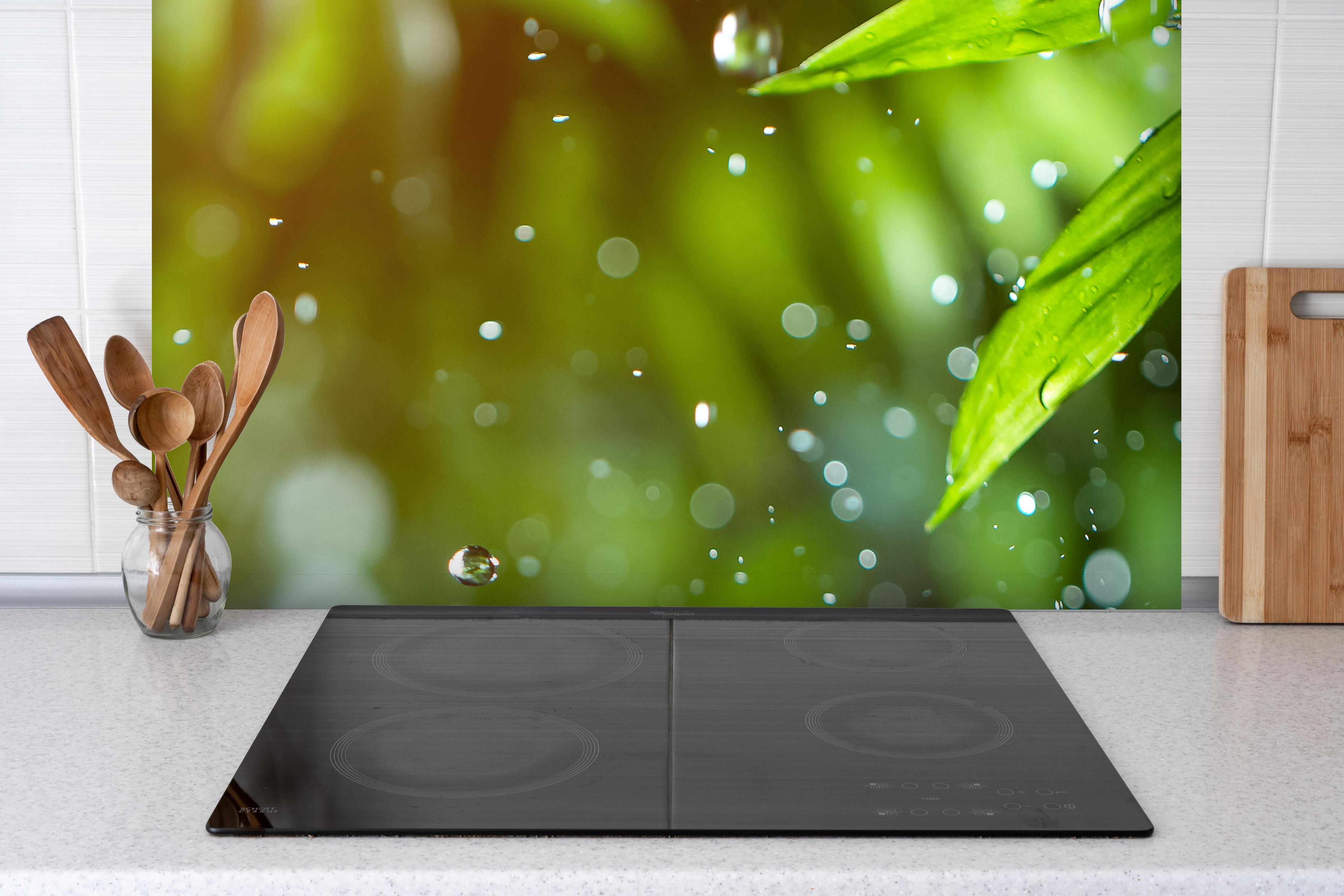 Spritzschutz - Frische Blätter mit Wassertropfen hinter einem Cerankochfeld zwischen Holz-Kochutensilien