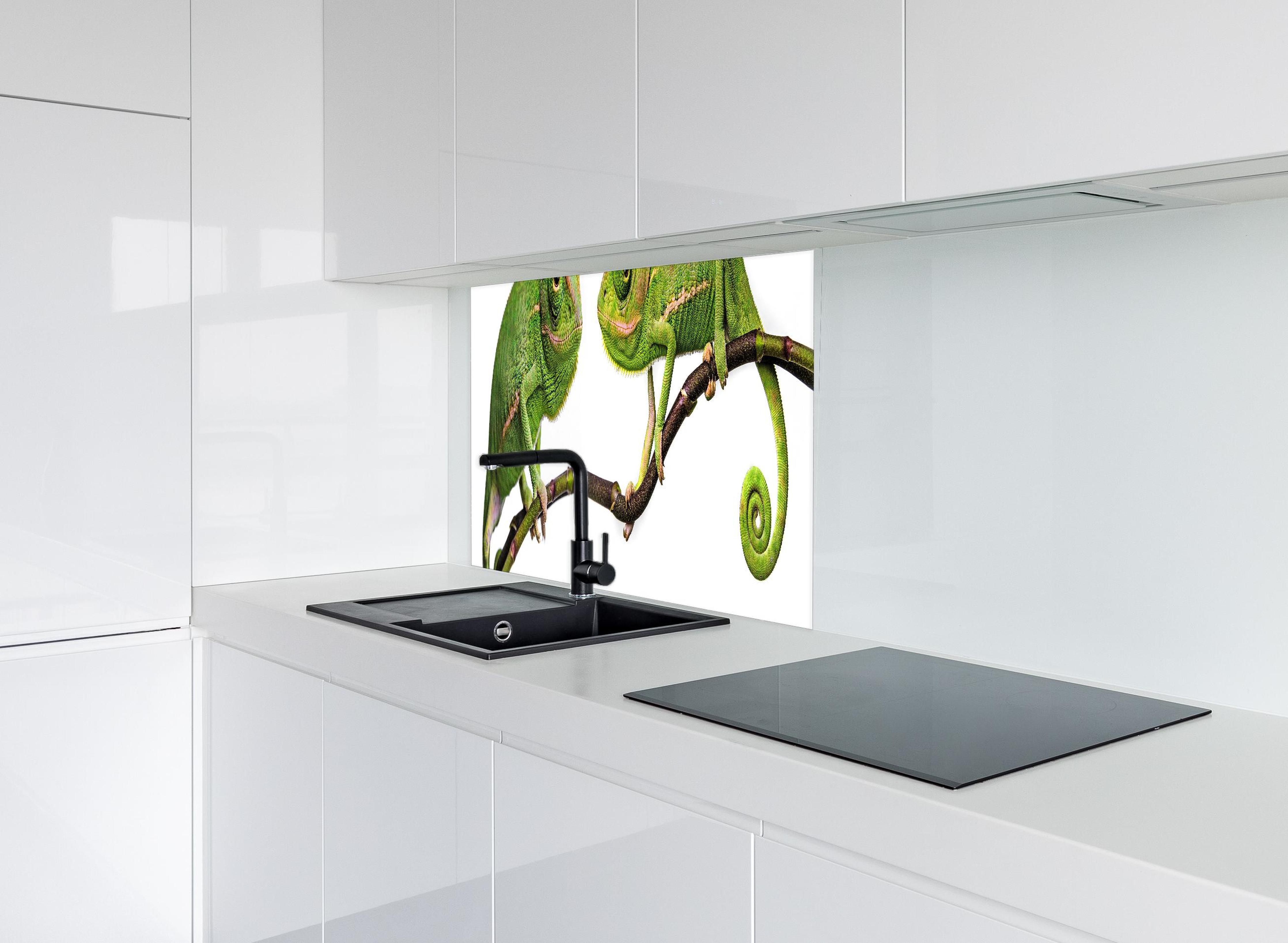 Spritzschutz - Fröhliche Chamäleons hinter modernem schwarz-matten Spülbecken in weißer Hochglanz-Küche