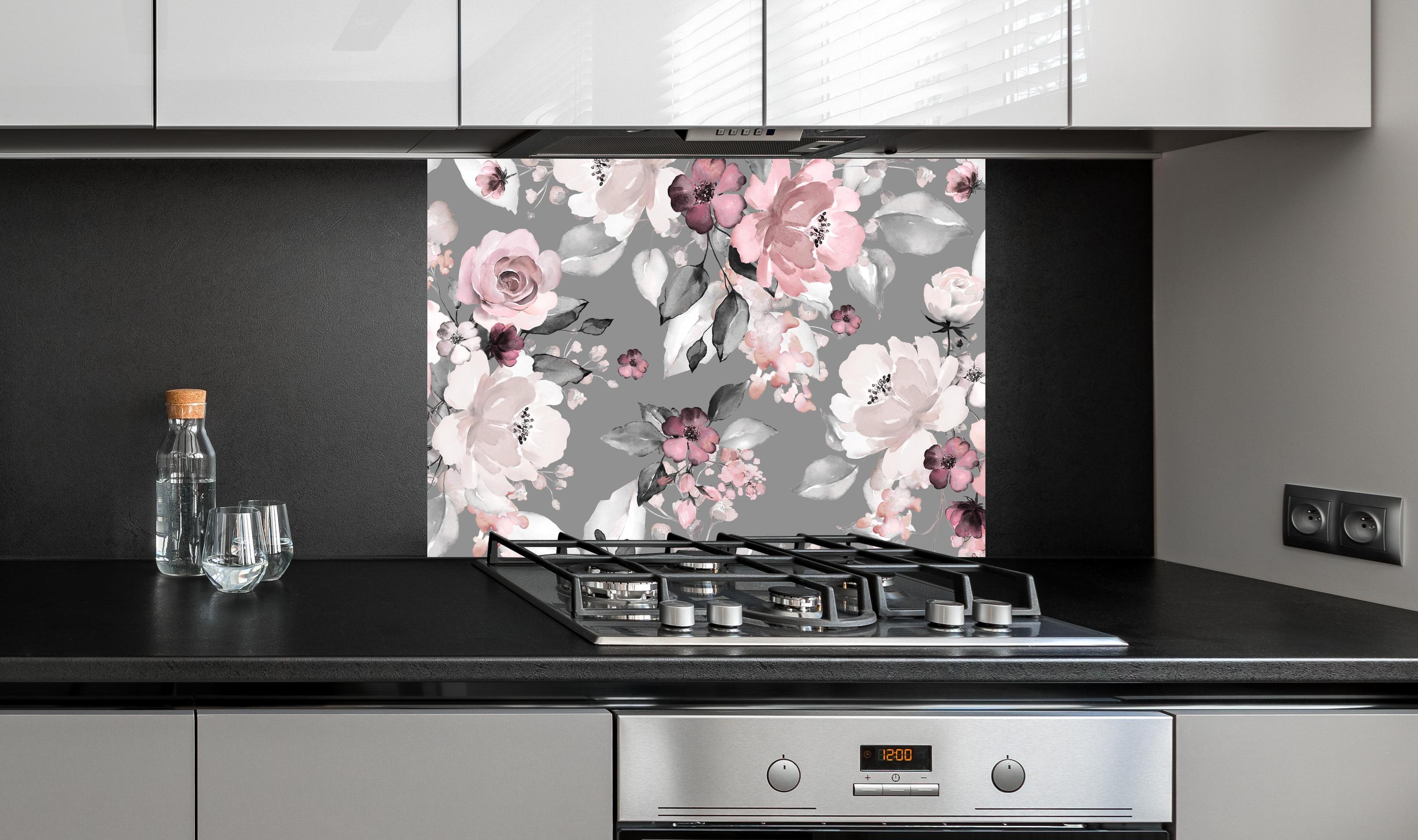 Spritzschutz - Frühlingsblumen im Tapeten-Stil an edler Anthrazit-Wand hinter silbernem Gasherd