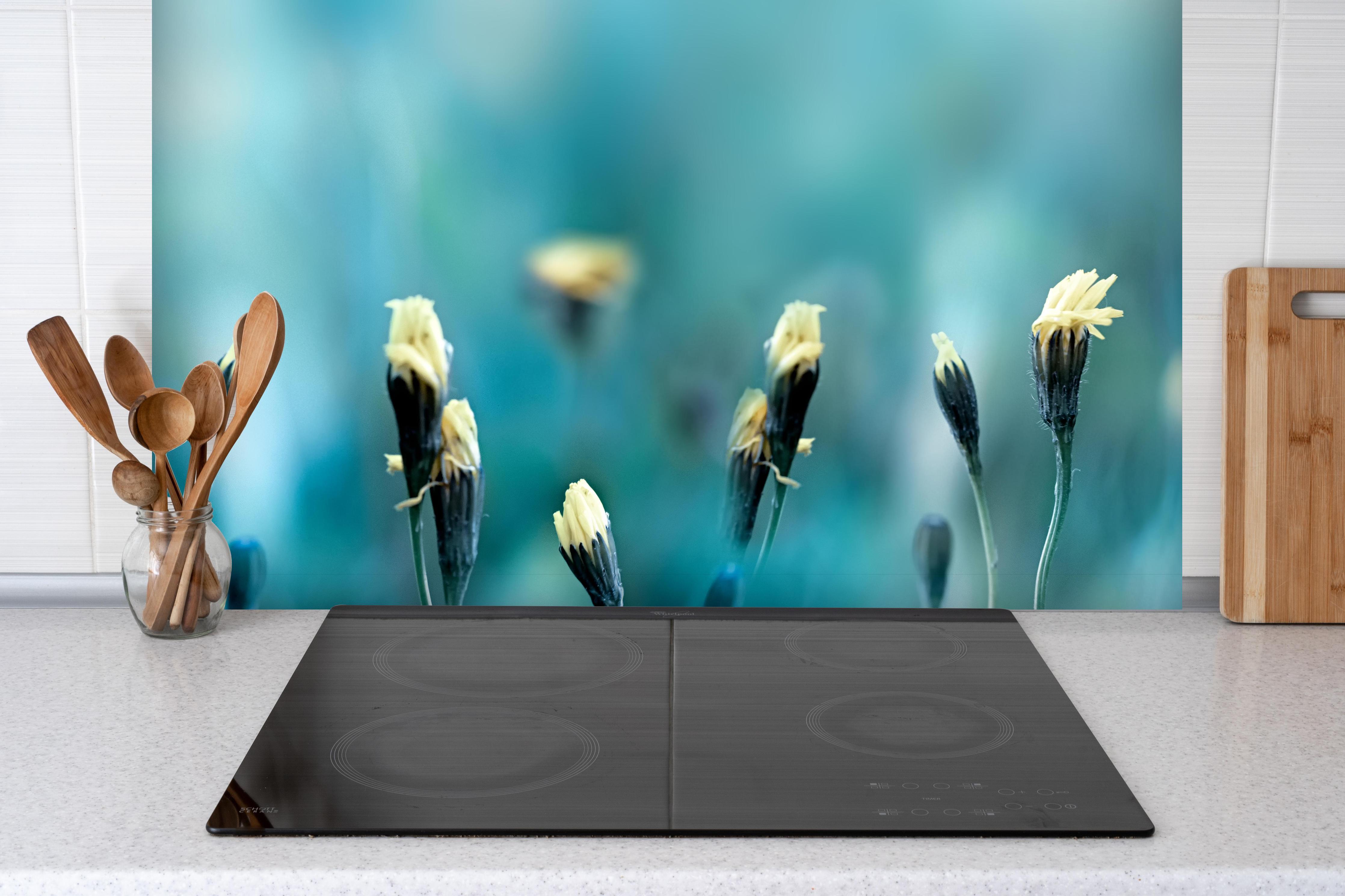 Spritzschutz - Gedeihendes Frühlingsfeld hinter einem Cerankochfeld zwischen Holz-Kochutensilien