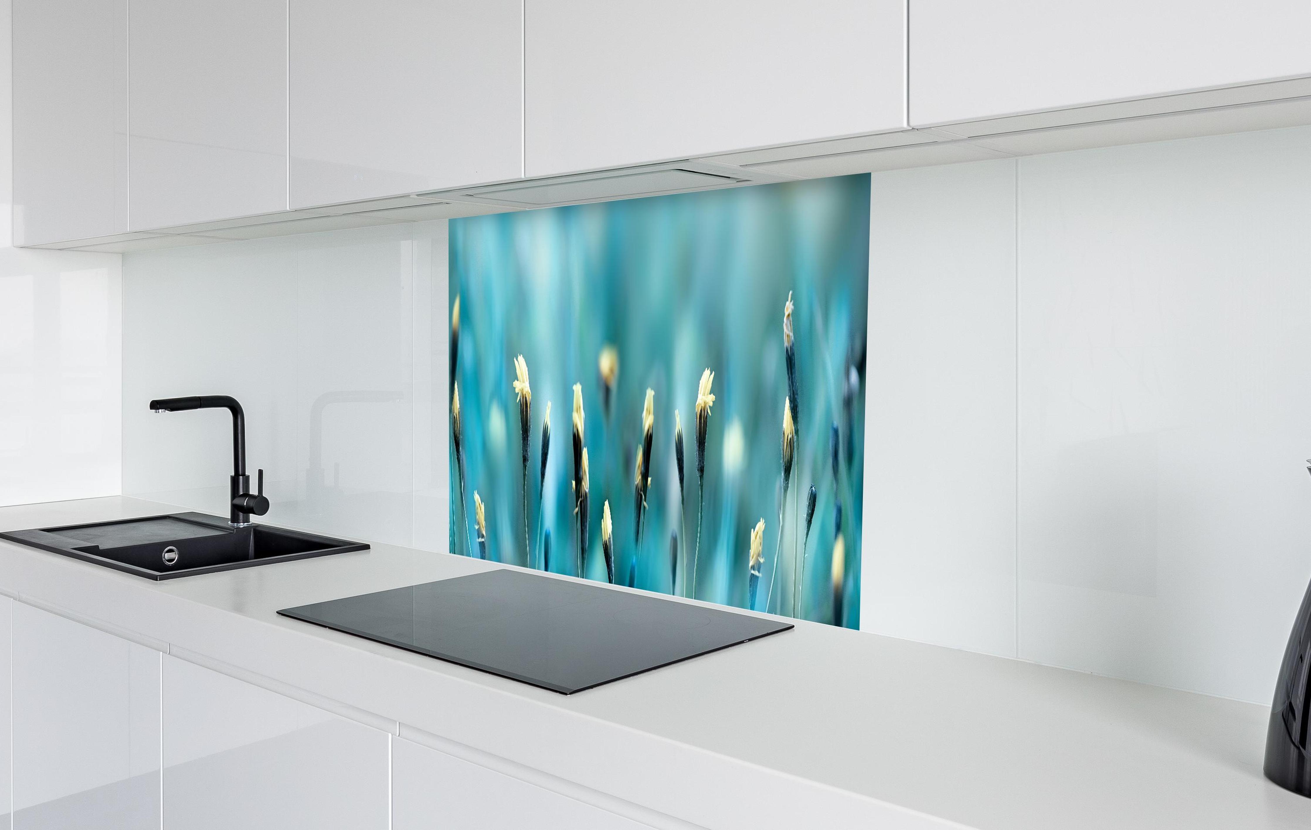 Spritzschutz - Gedeihendes Frühlingsfeld in weißer Hochglanz-Küche hinter einem Cerankochfeld