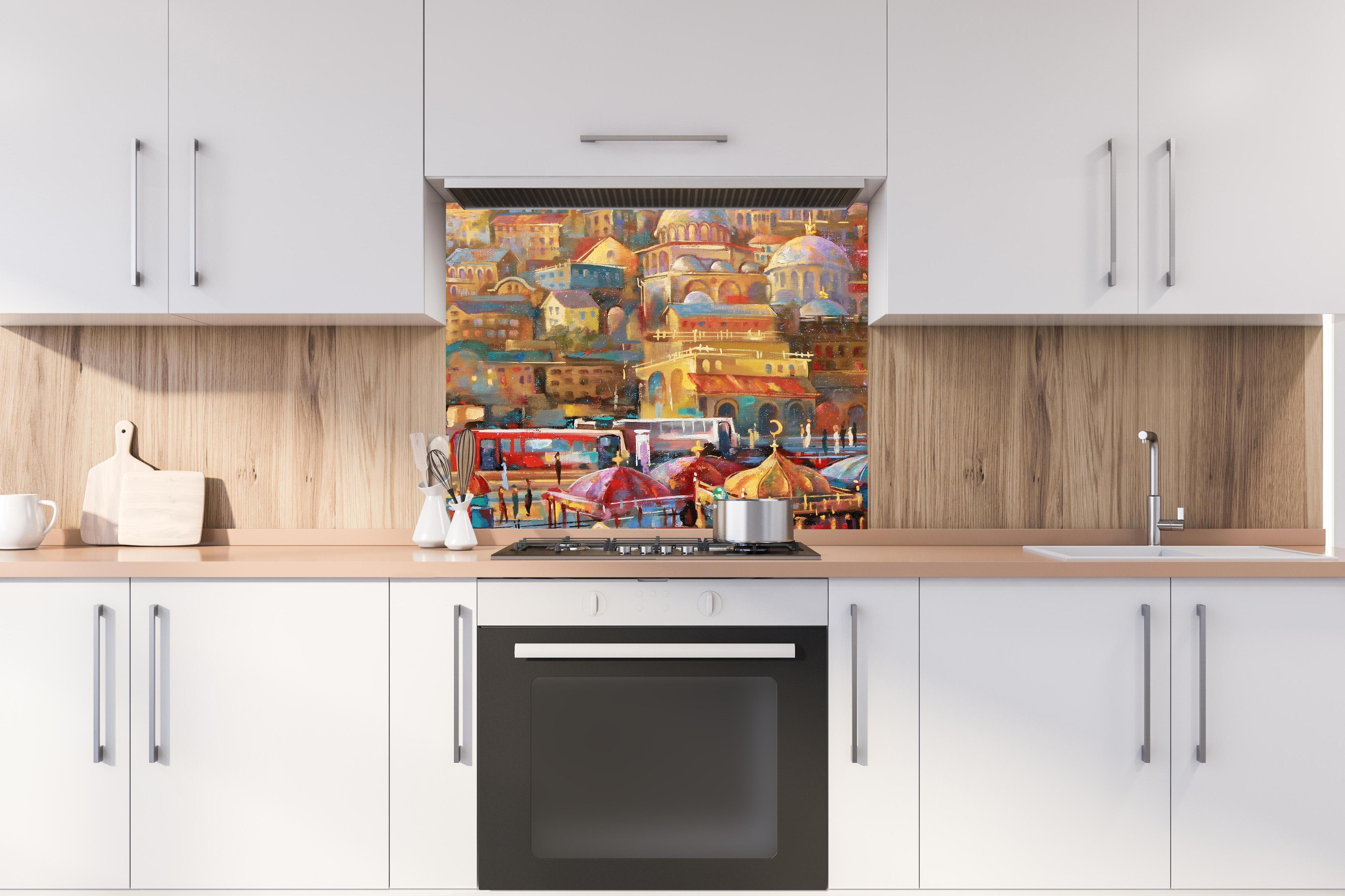 Spritzschutz - Gemälde der Bucht des Goldenen Horns hinter stilvollem Gasherd unter Dunstabzugshaube