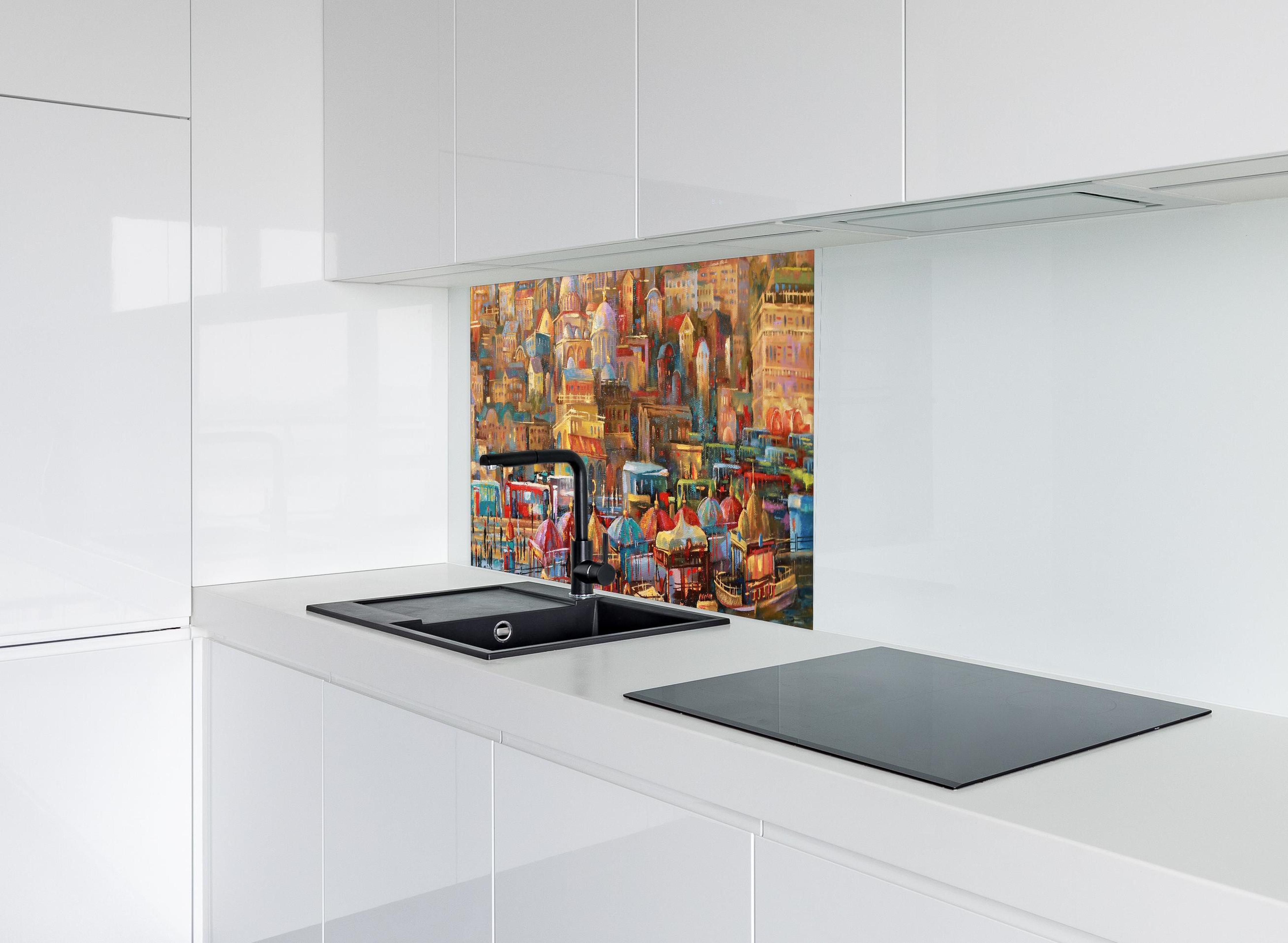 Spritzschutz - Gemälde der Bucht des Goldenen Horns hinter modernem schwarz-matten Spülbecken in weißer Hochglanz-Küche