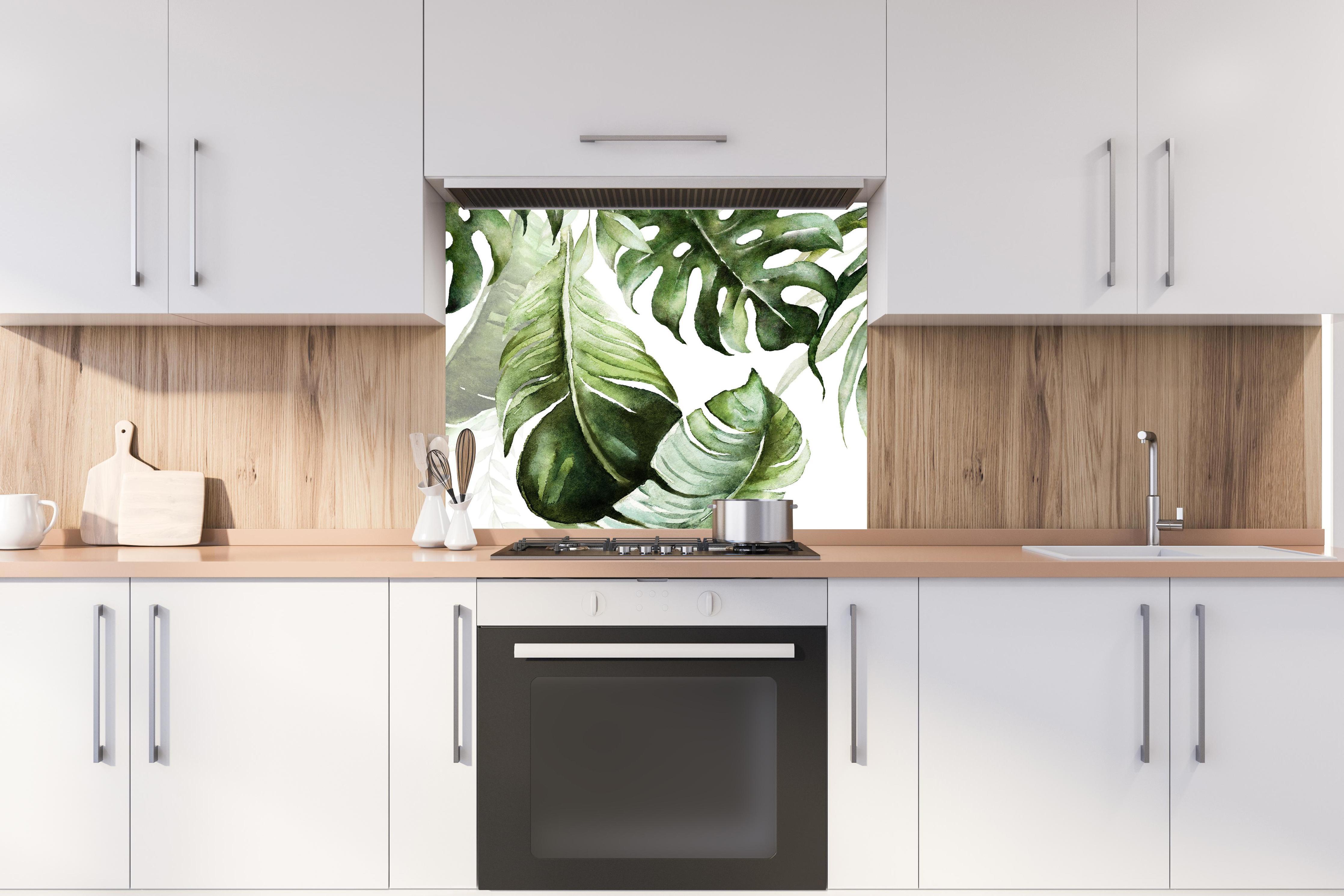 Spritzschutz - Grüne tropische Blätter Aquarell hinter stilvollem Gasherd unter Dunstabzugshaube