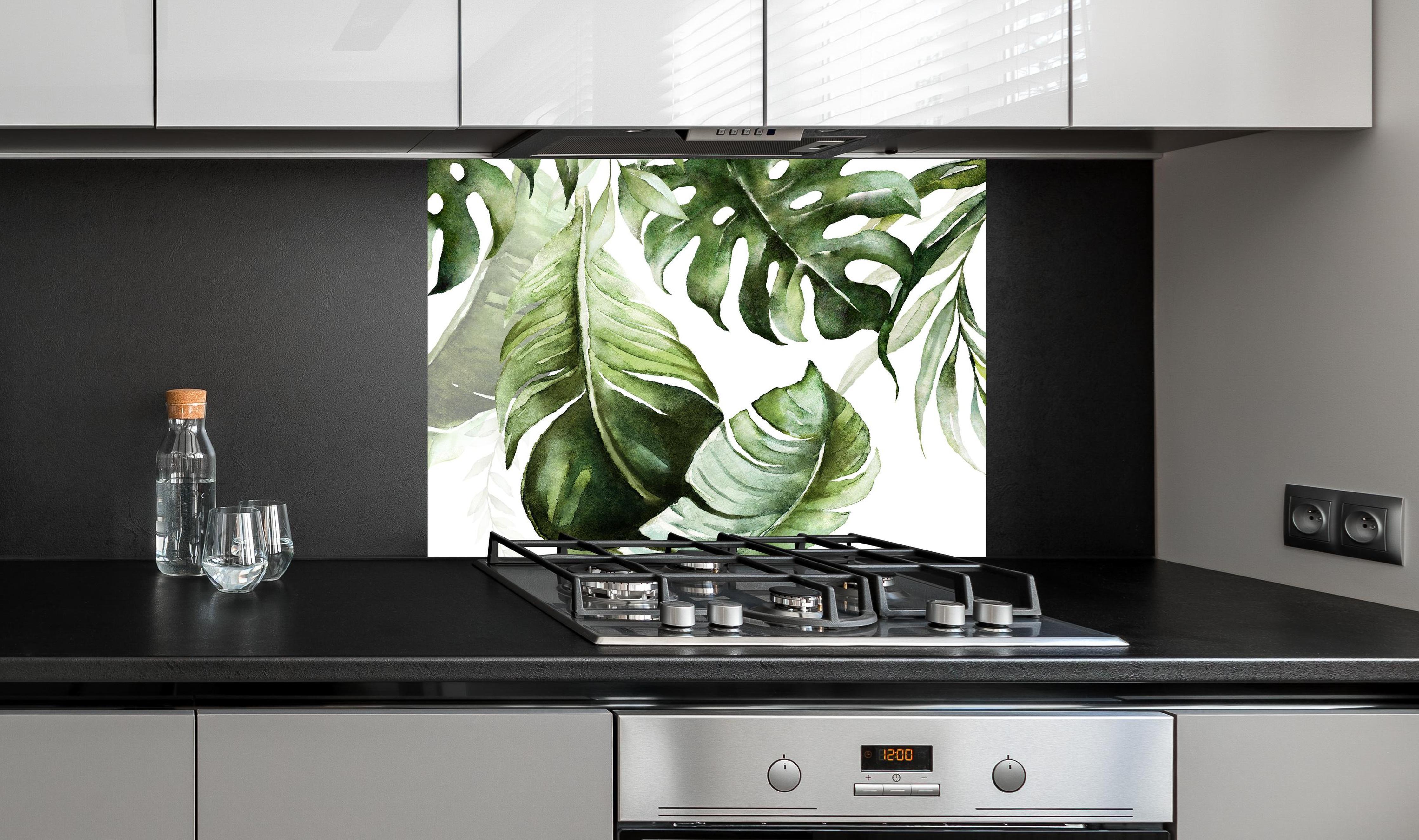 Spritzschutz - Grüne tropische Blätter Aquarell an edler Anthrazit-Wand hinter silbernem Gasherd