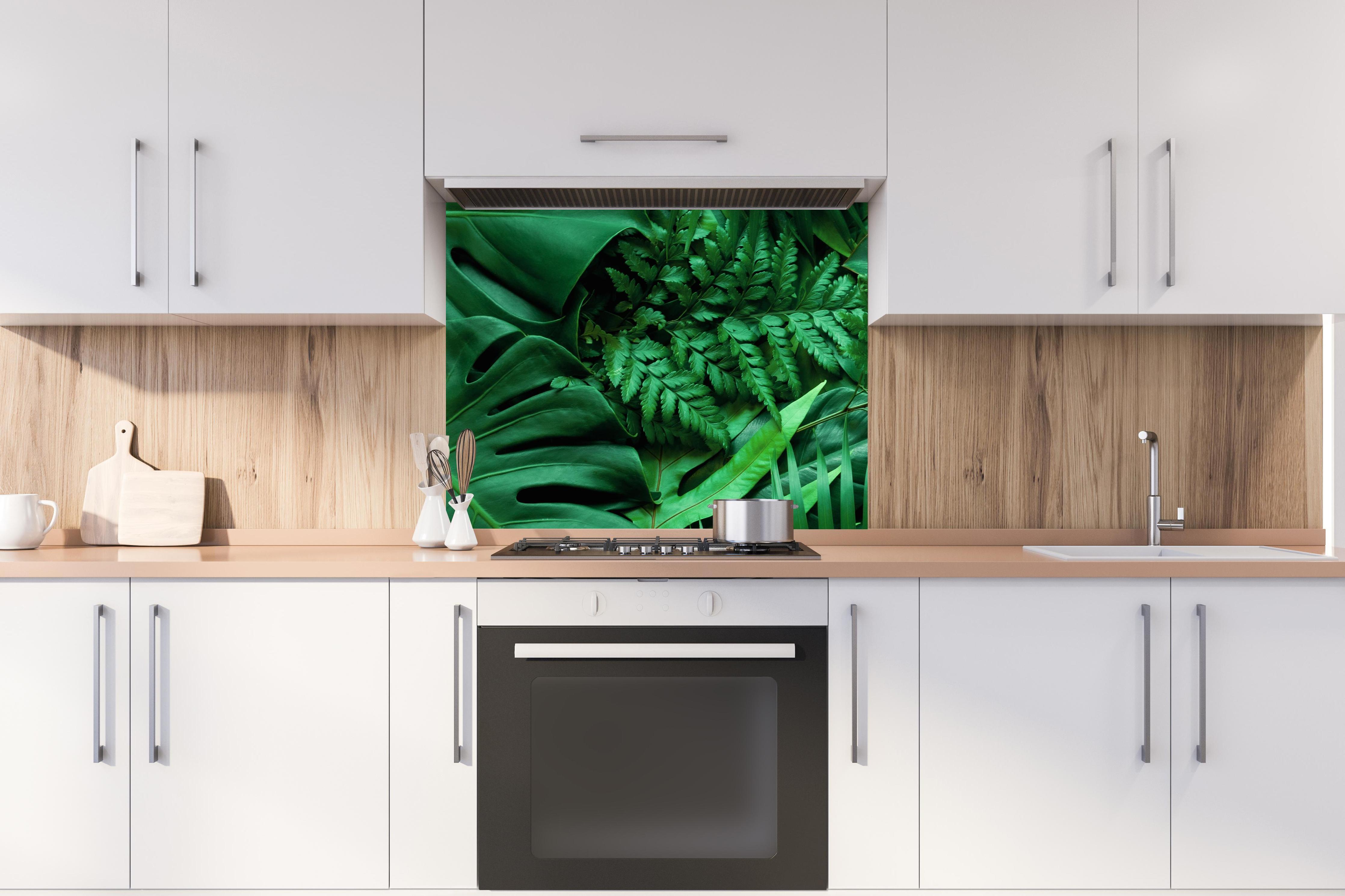 Spritzschutz - Grüne tropische Natur hinter stilvollem Gasherd unter Dunstabzugshaube