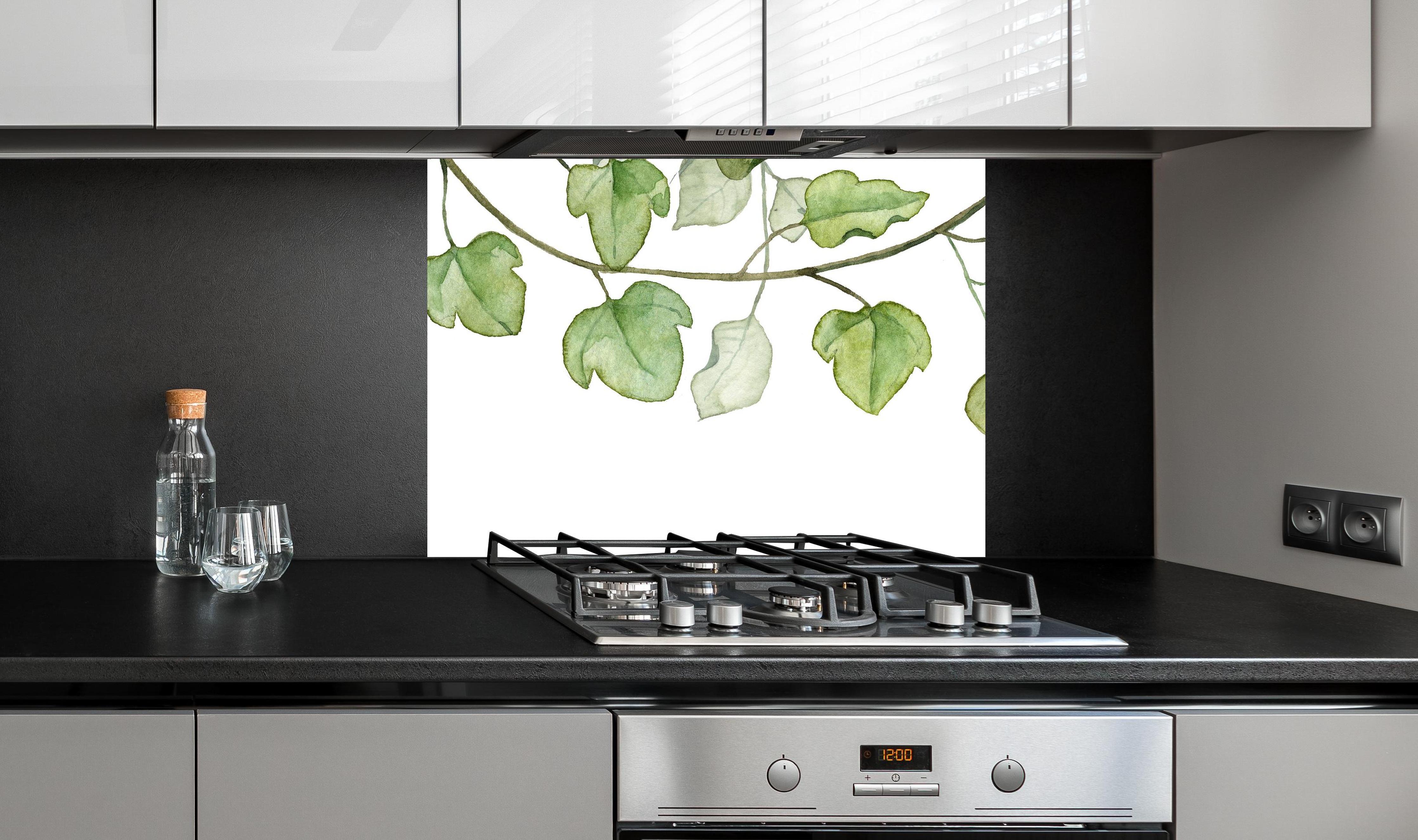 Spritzschutz - Hängende Blätter an Ästen Aquarell an edler Anthrazit-Wand hinter silbernem Gasherd