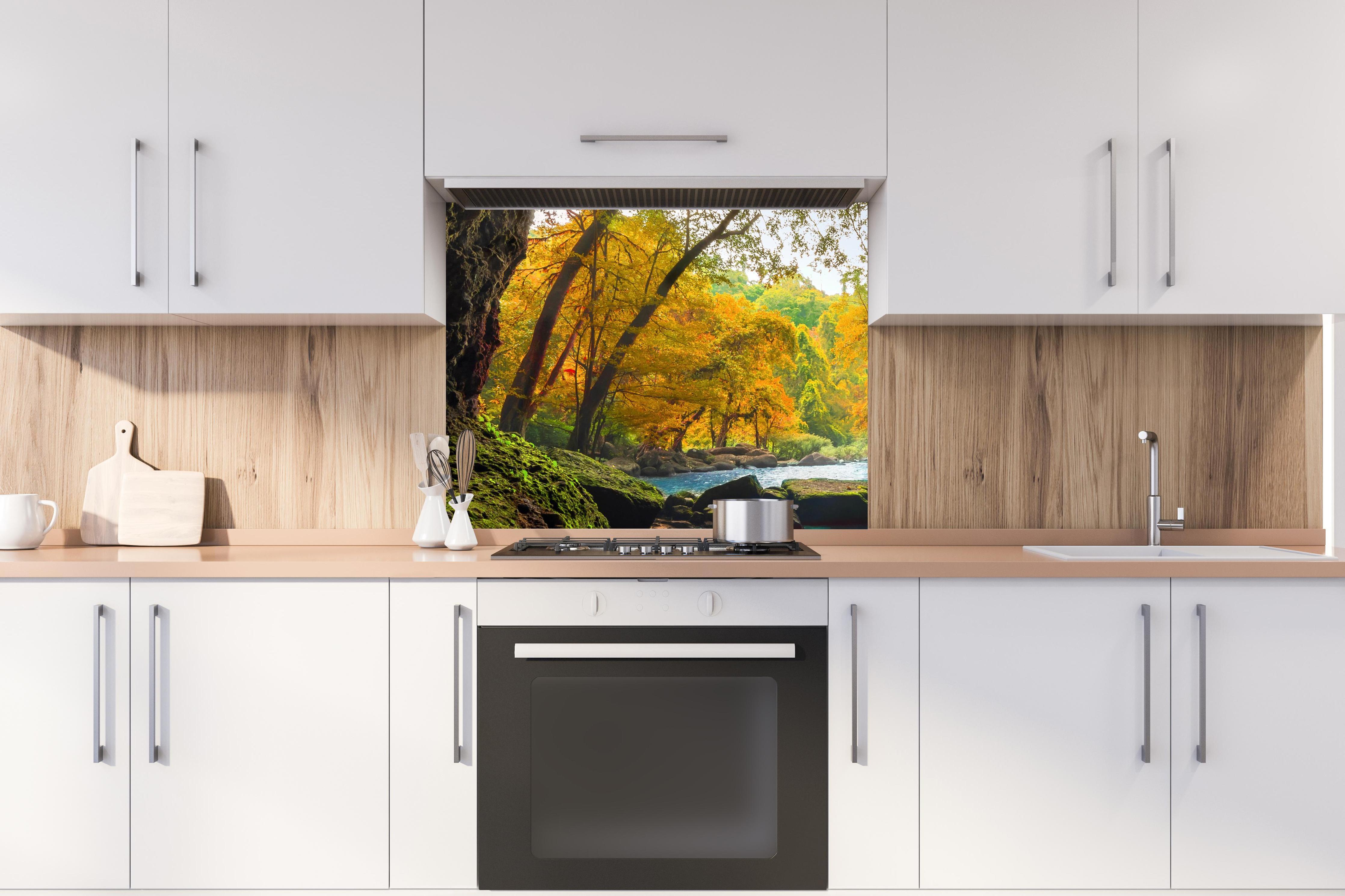 Spritzschutz - Heo Suwat Wasserfall in Thailand hinter stilvollem Gasherd unter Dunstabzugshaube