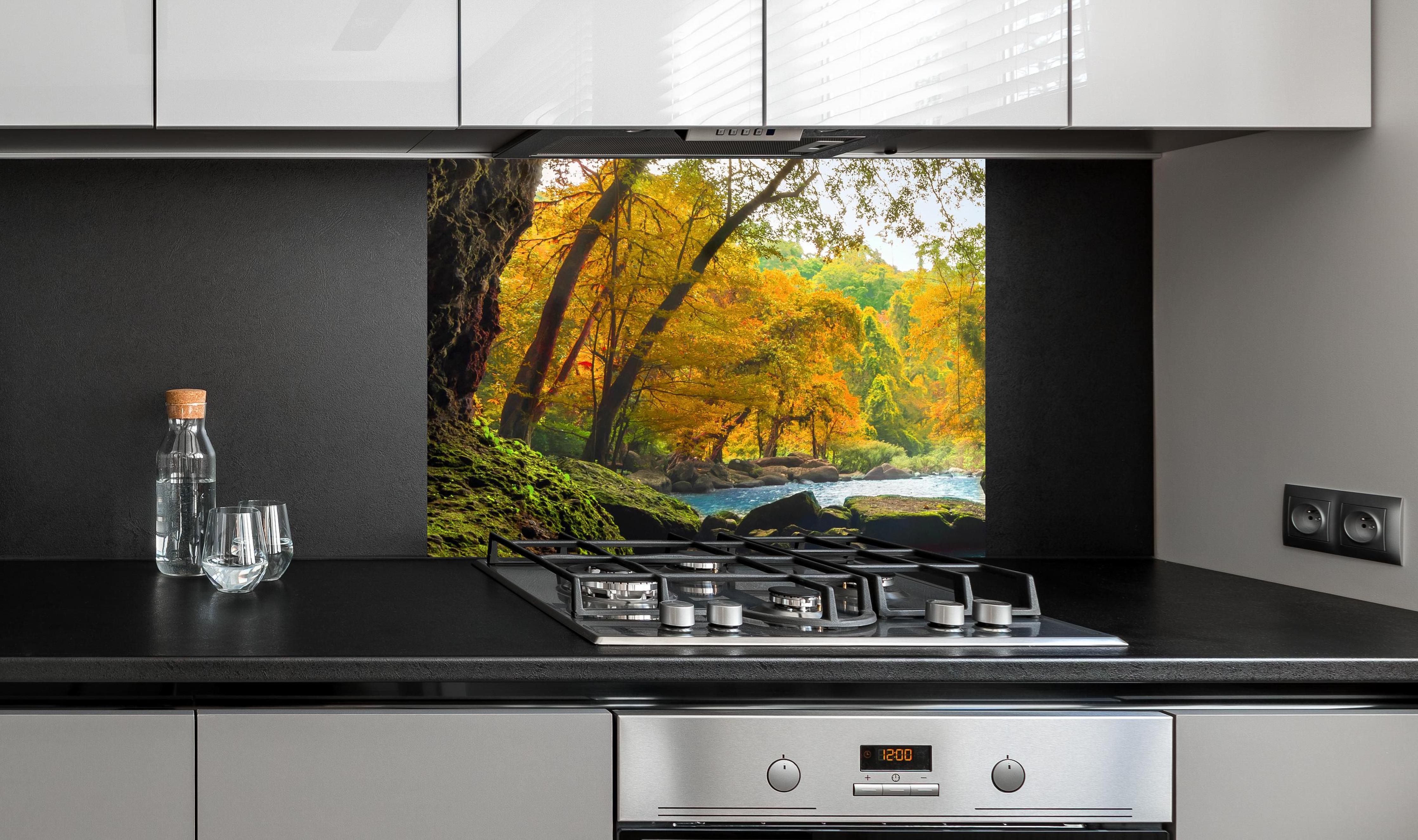 Spritzschutz - Heo Suwat Wasserfall in Thailand an edler Anthrazit-Wand hinter silbernem Gasherd