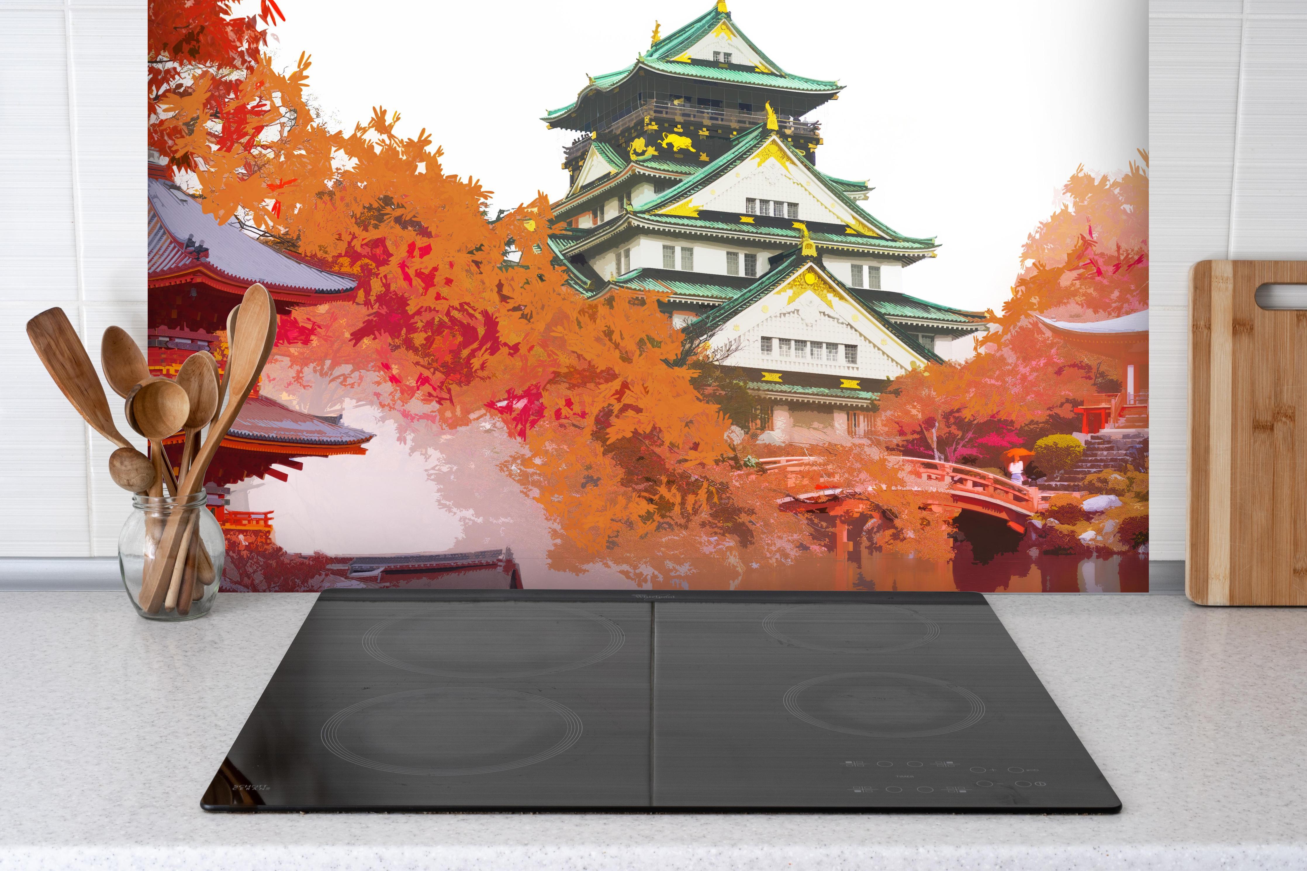 Spritzschutz - Herbst Japan Reise - Gemälde hinter einem Cerankochfeld zwischen Holz-Kochutensilien