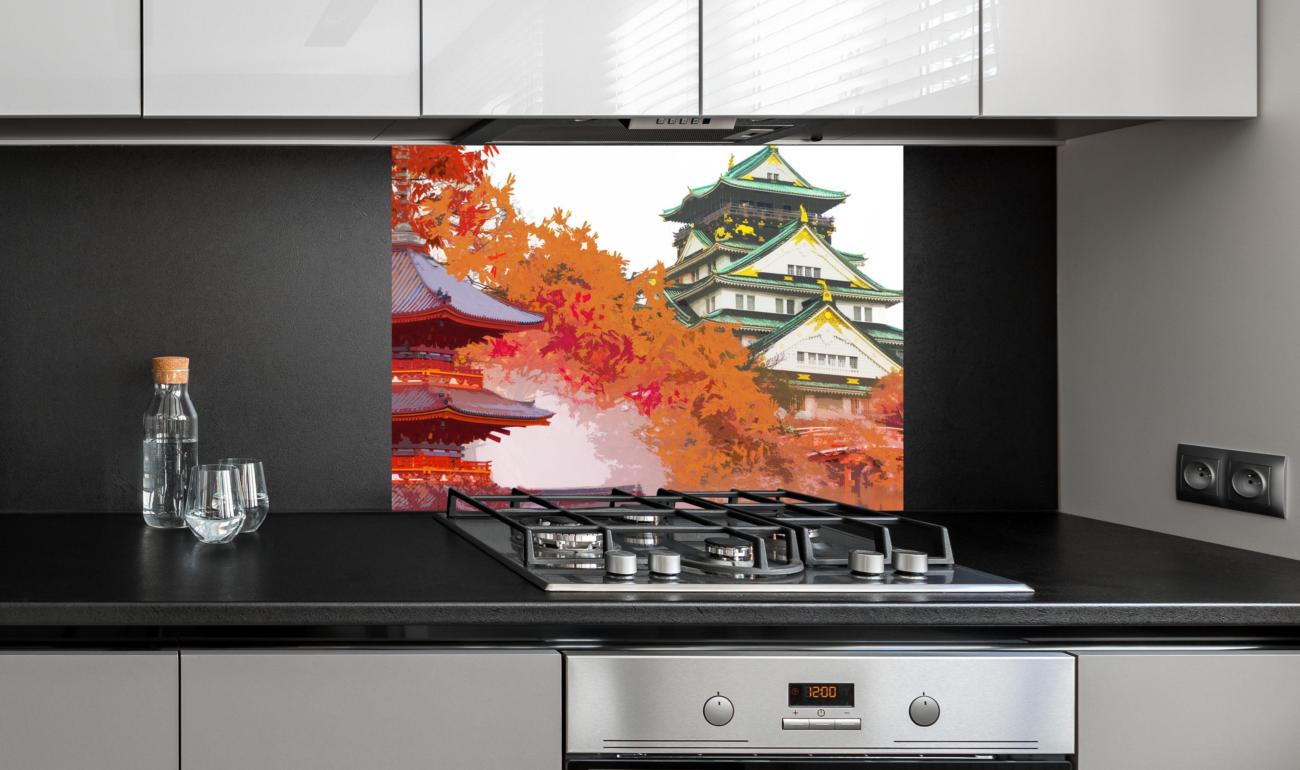 Spritzschutz - Herbst Japan Reise - Gemälde an edler Anthrazit-Wand hinter silbernem Gasherd