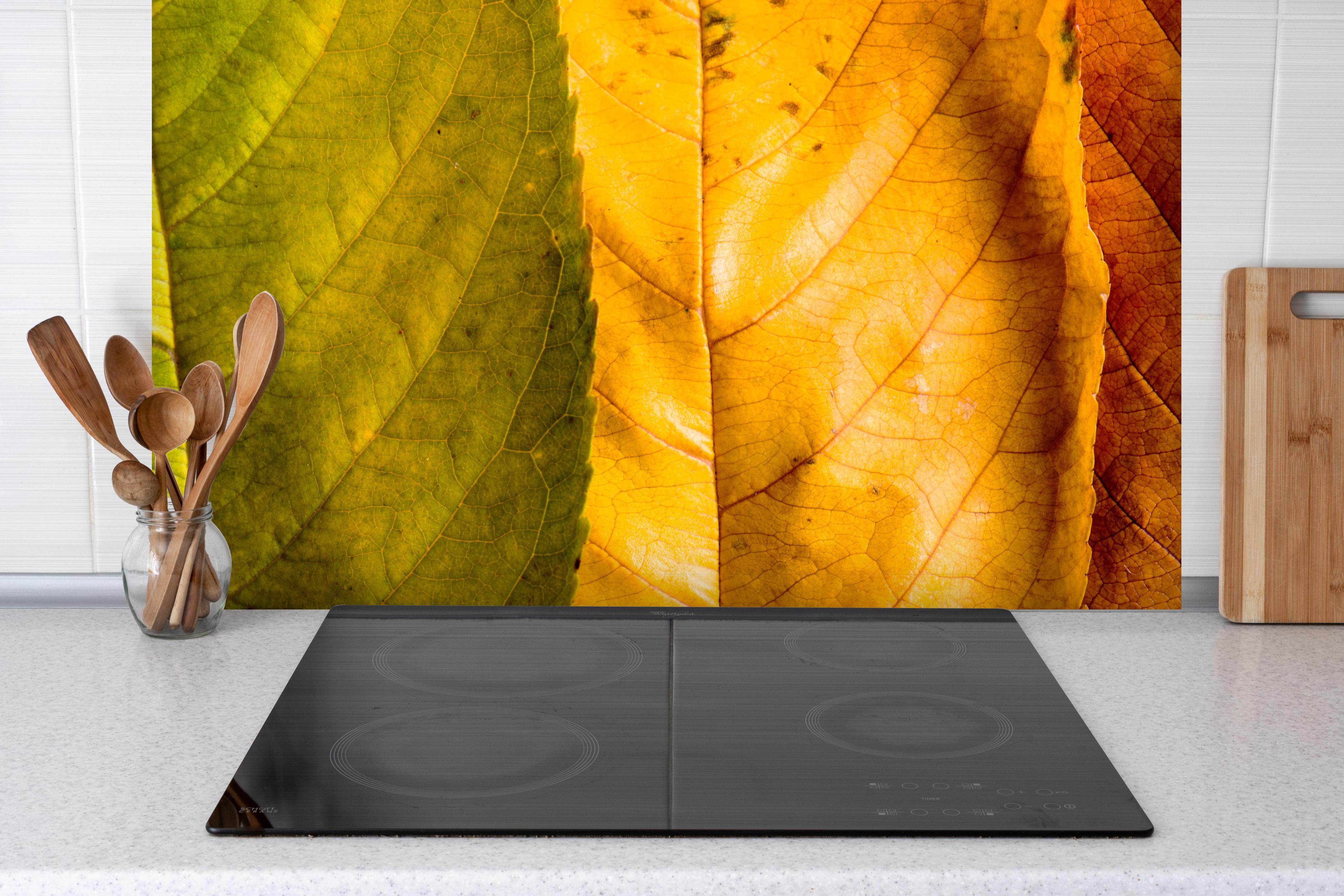 Spritzschutz - Herbstlaub Komposition hinter einem Cerankochfeld zwischen Holz-Kochutensilien