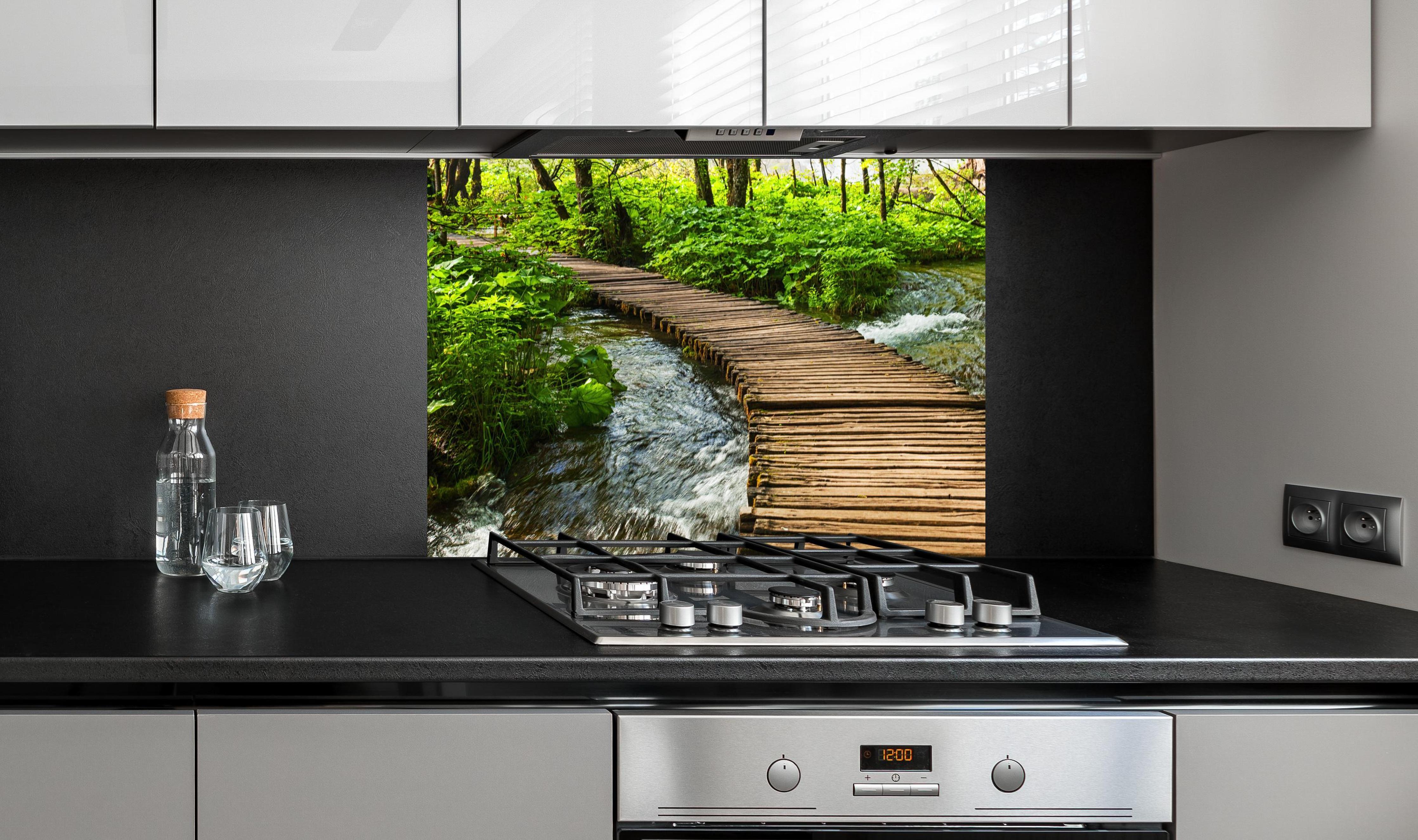 Spritzschutz - Idyllischer Dschungelpfad - Kroatien an edler Anthrazit-Wand hinter silbernem Gasherd