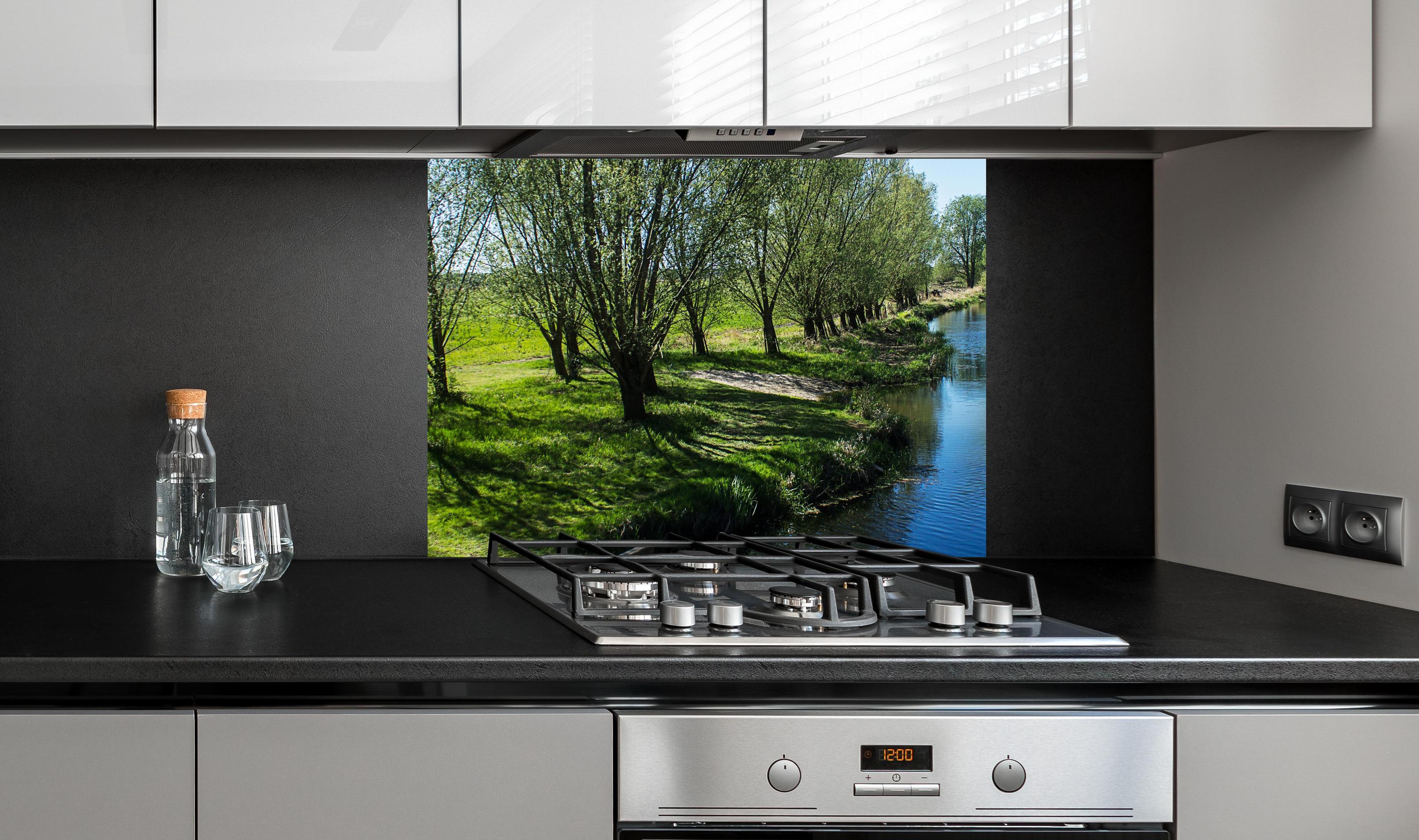 Spritzschutz - Idyllischer Fluss in Sachsen-Anhalt an edler Anthrazit-Wand hinter silbernem Gasherd