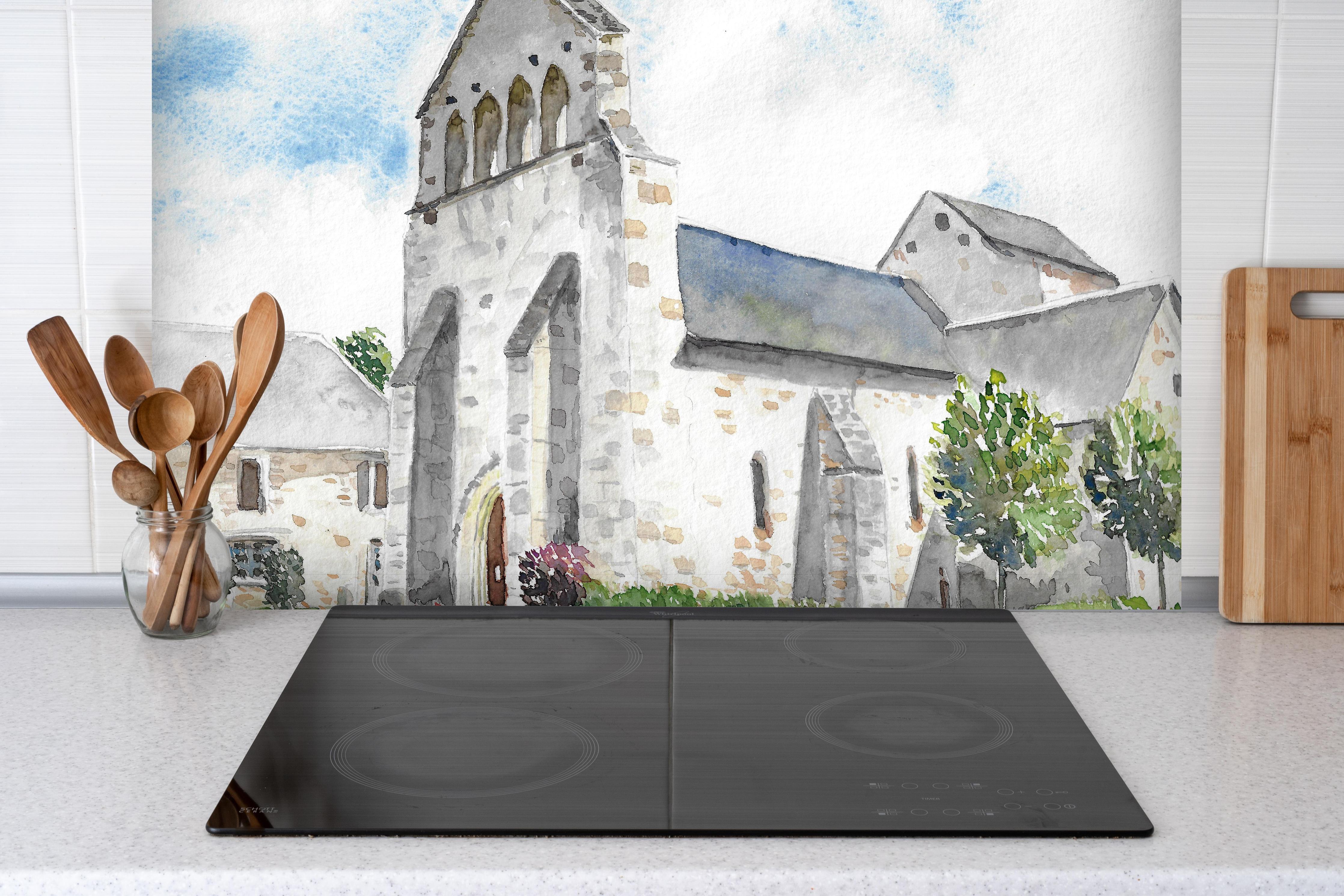 Spritzschutz - Idyllisches französisches Dorf hinter einem Cerankochfeld zwischen Holz-Kochutensilien